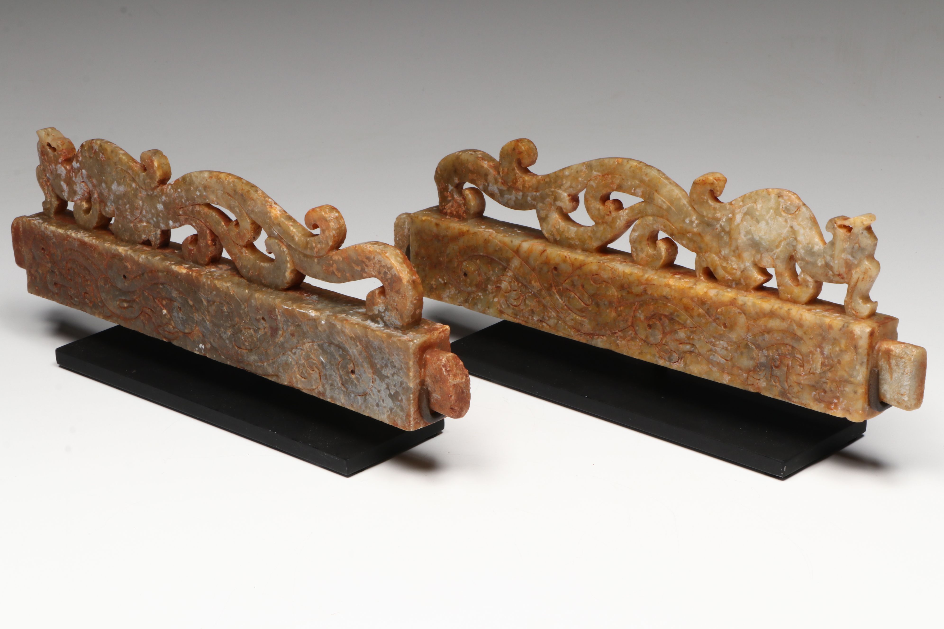 Pair of Chinese Archaistic Carved Nephrite Fittings (Rails) on Custom Stand