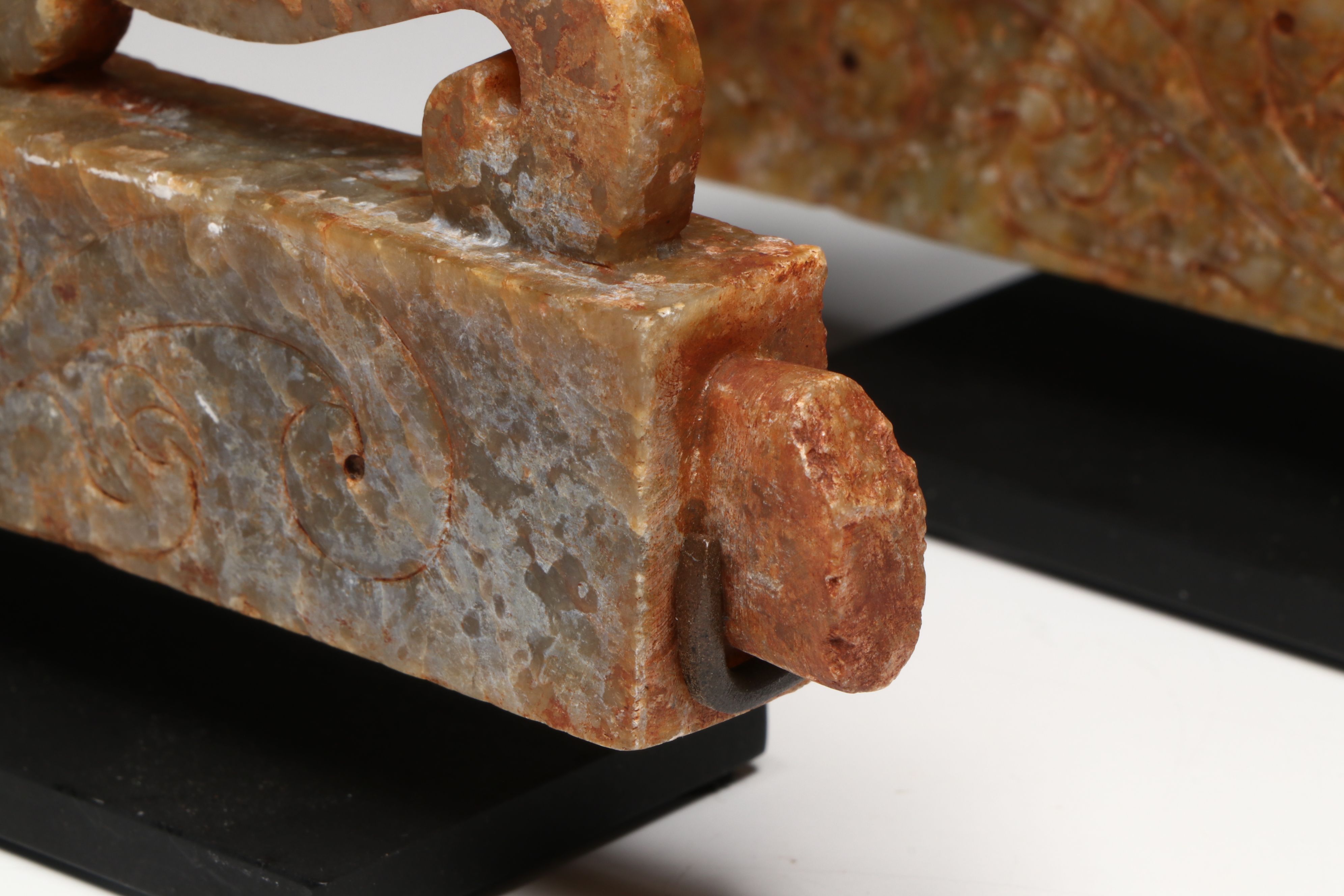 Pair of Chinese Archaistic Carved Nephrite Fittings (Rails) on Custom Stand