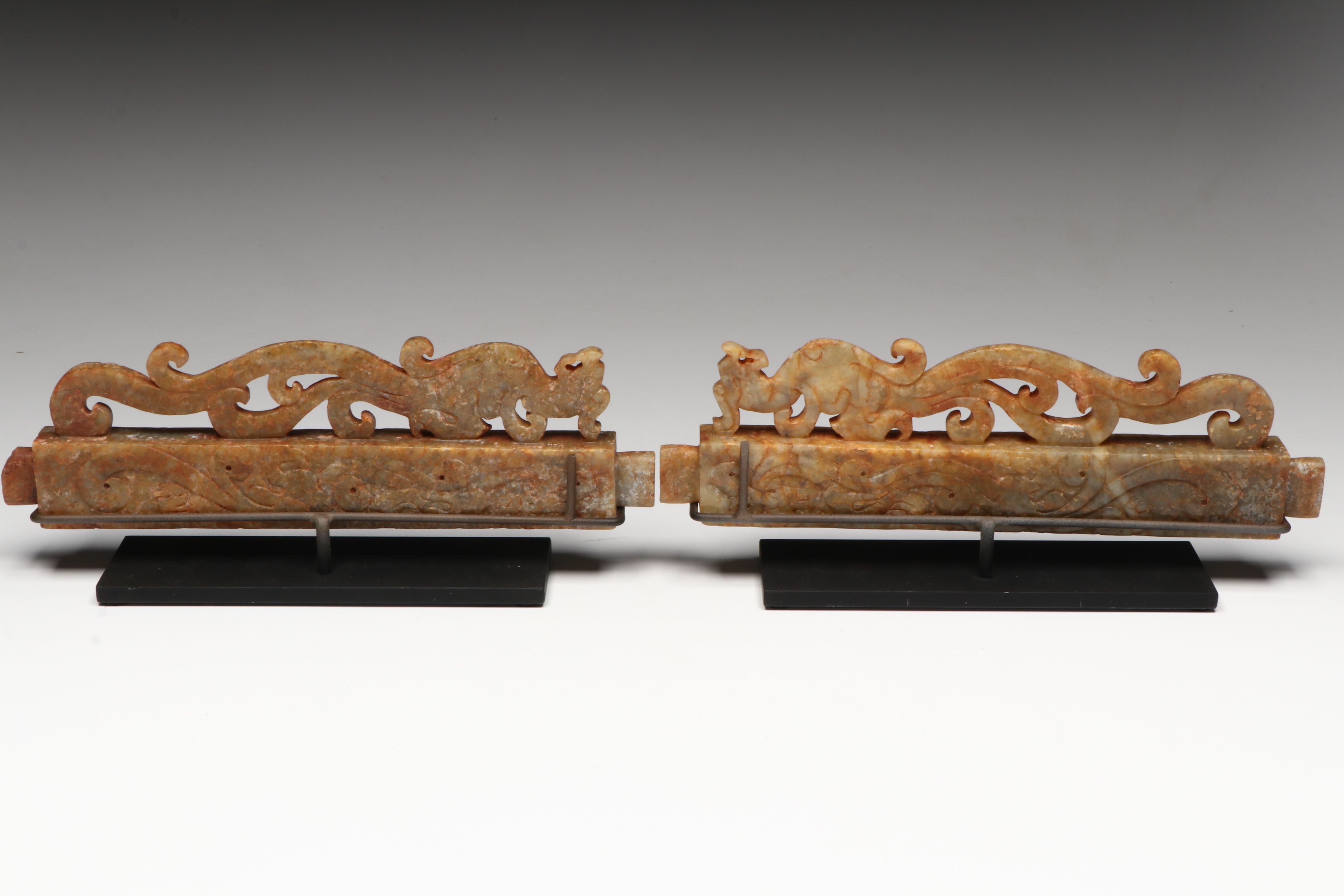 Pair of Chinese Archaistic Carved Nephrite Fittings (Rails) on Custom Stand