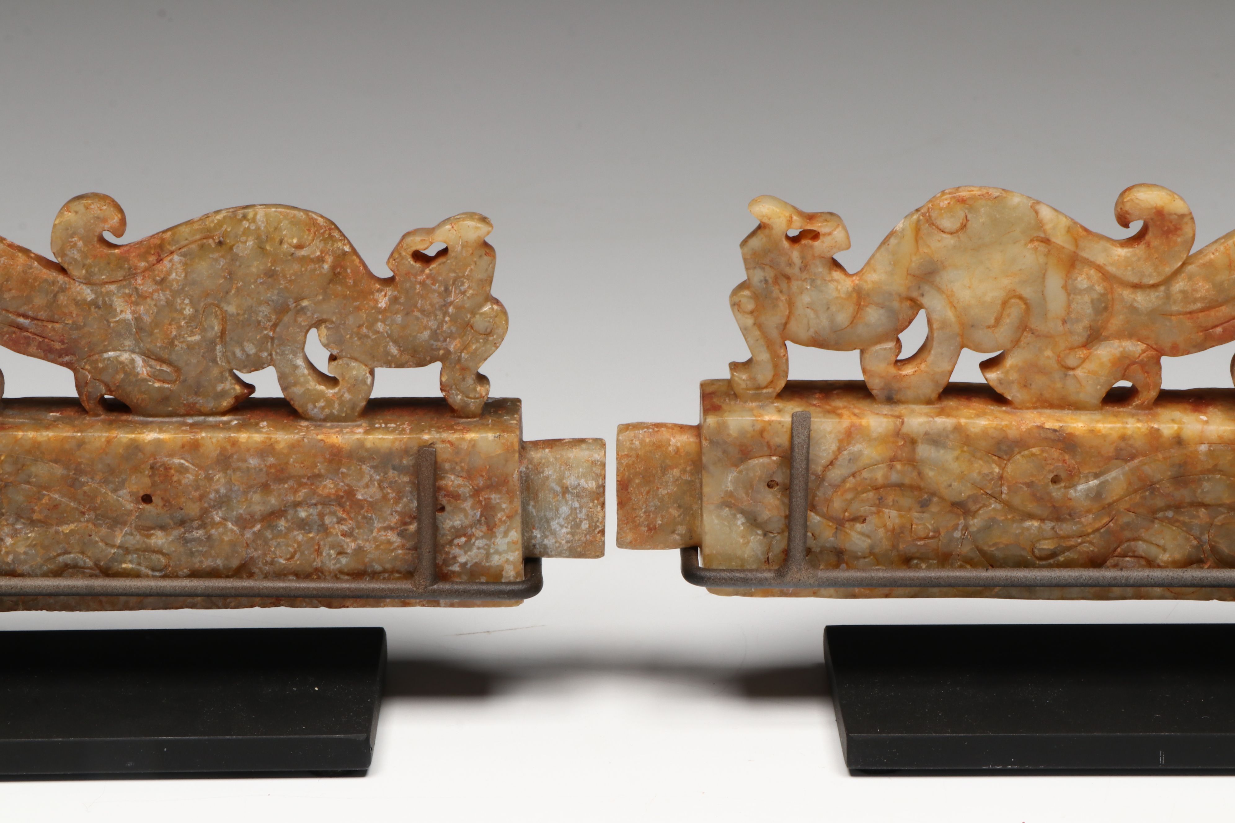 Pair of Chinese Archaistic Carved Nephrite Fittings (Rails) on Custom Stand