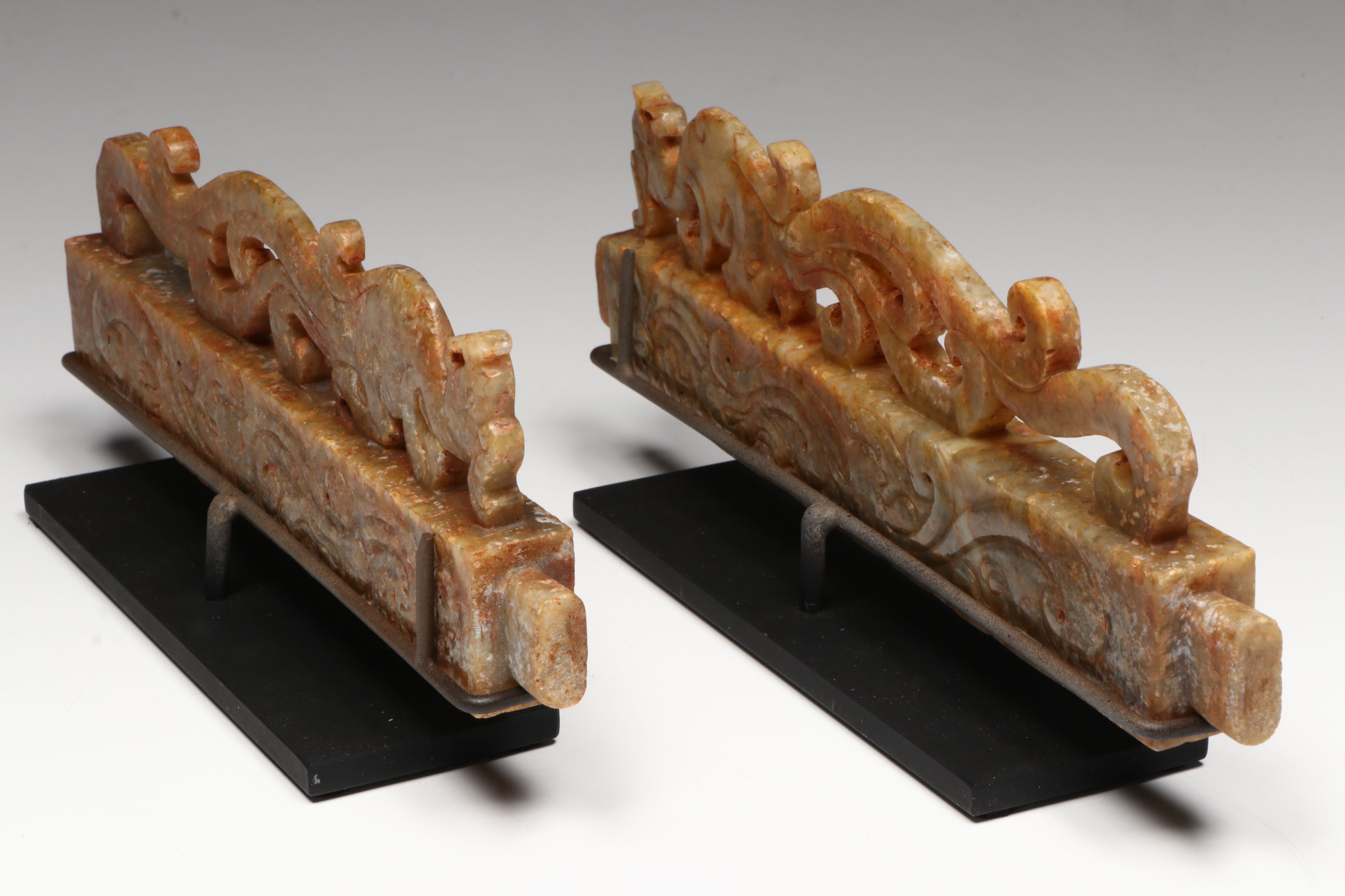 Pair of Chinese Archaistic Carved Nephrite Fittings (Rails) on Custom Stand