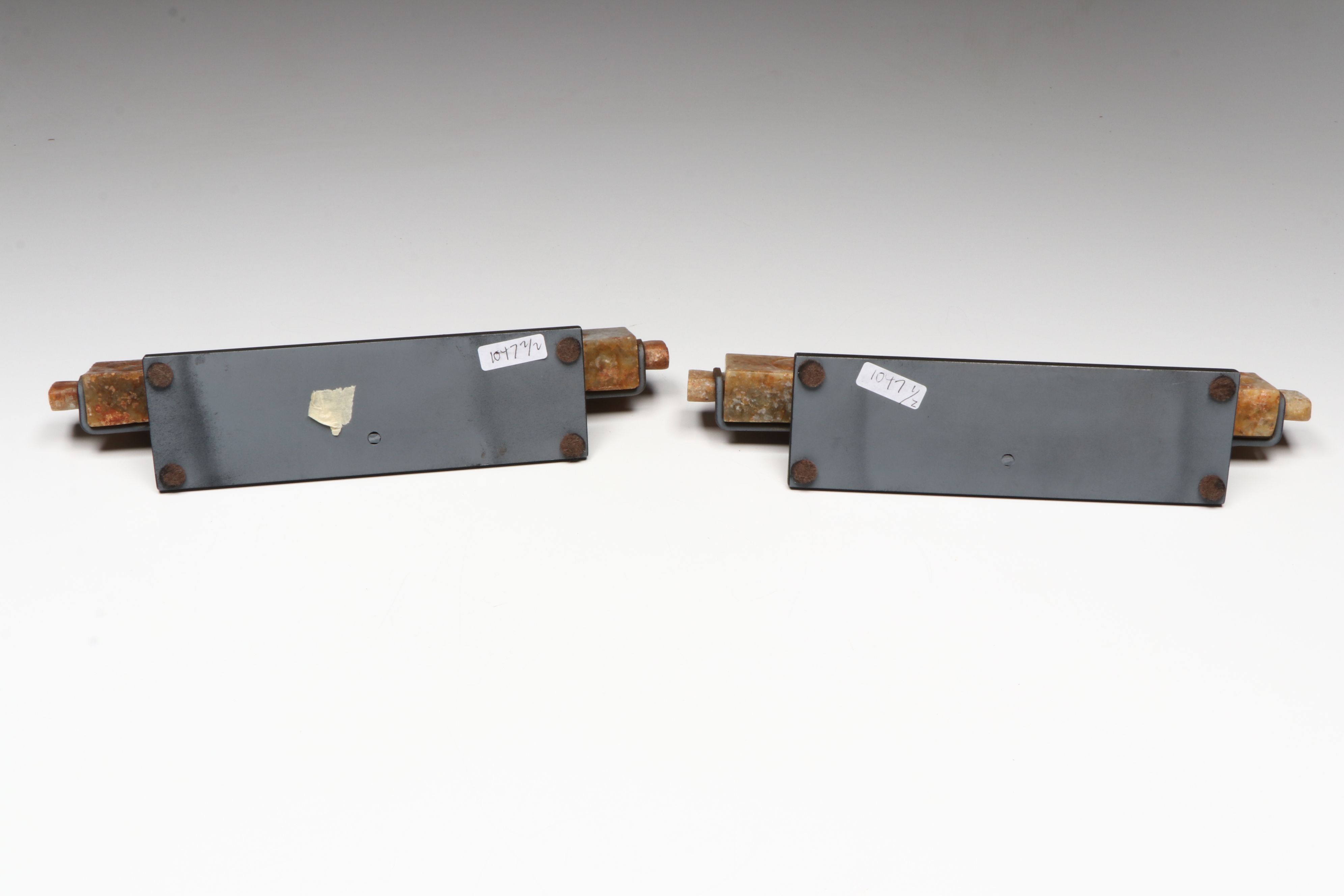 Pair of Chinese Archaistic Carved Nephrite Fittings (Rails) on Custom Stand