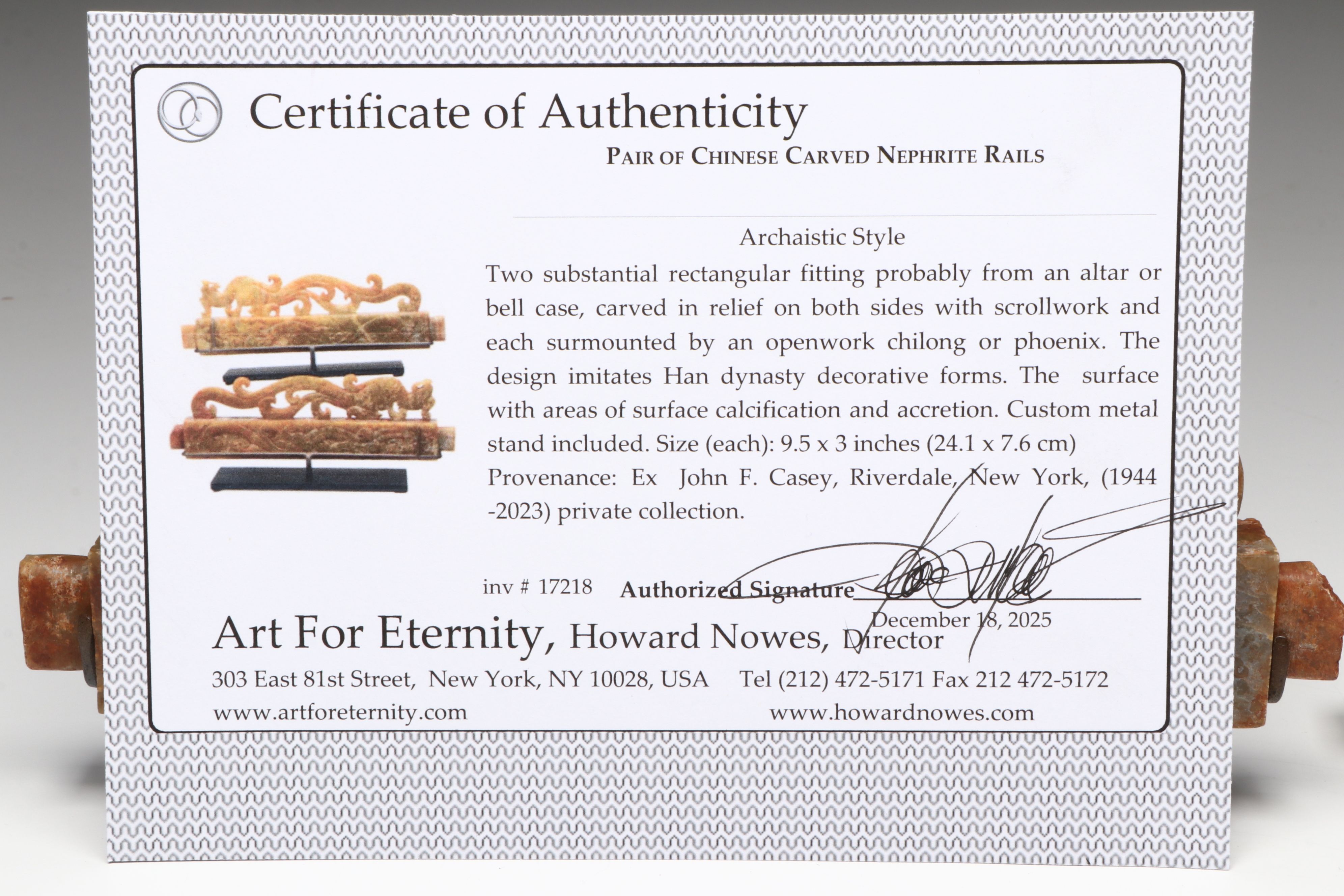 Pair of Chinese Archaistic Carved Nephrite Fittings (Rails) on Custom Stand