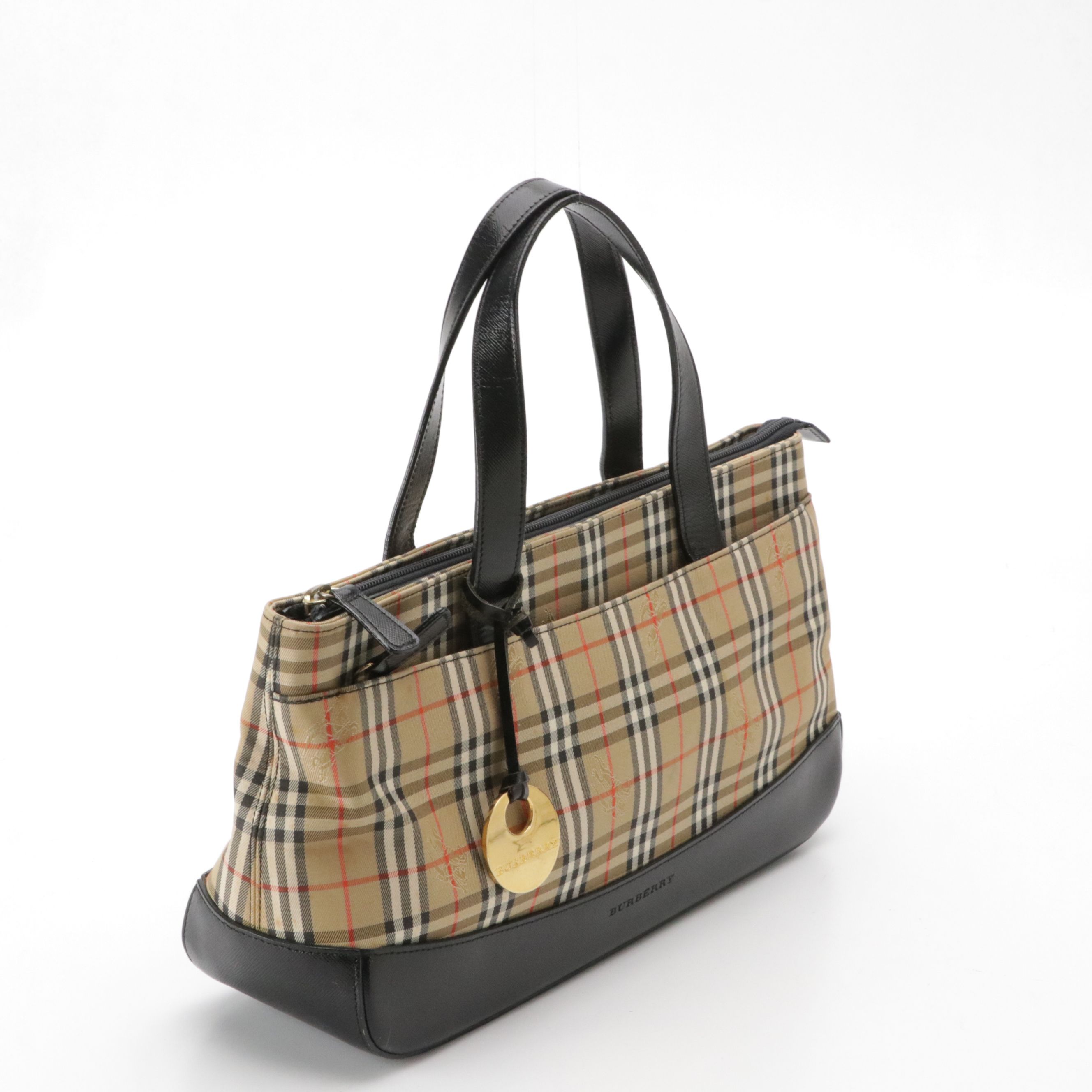 Burberrys Front Pocket Handbag in Haymarket Check Canvas and Black Leather