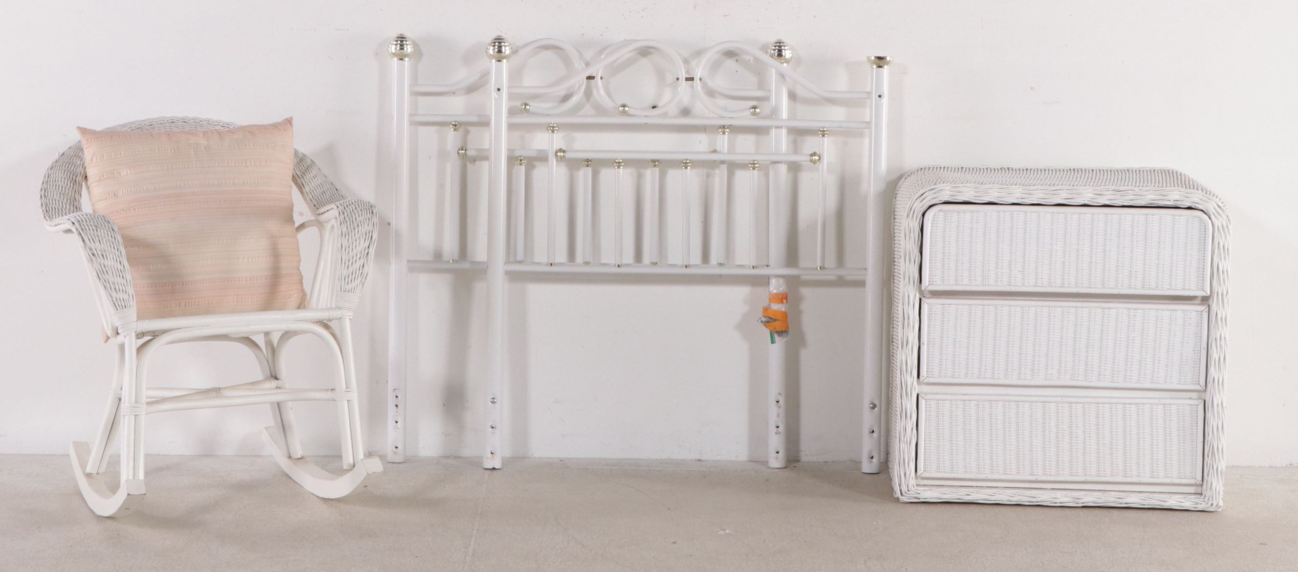 Victorian Style Metal Twin Headboards with Wicker Rocking Chair and Chest