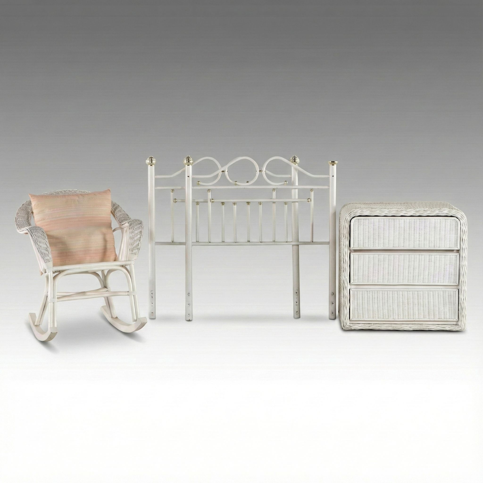 Victorian Style Metal Twin Headboards with Wicker Rocking Chair and Chest