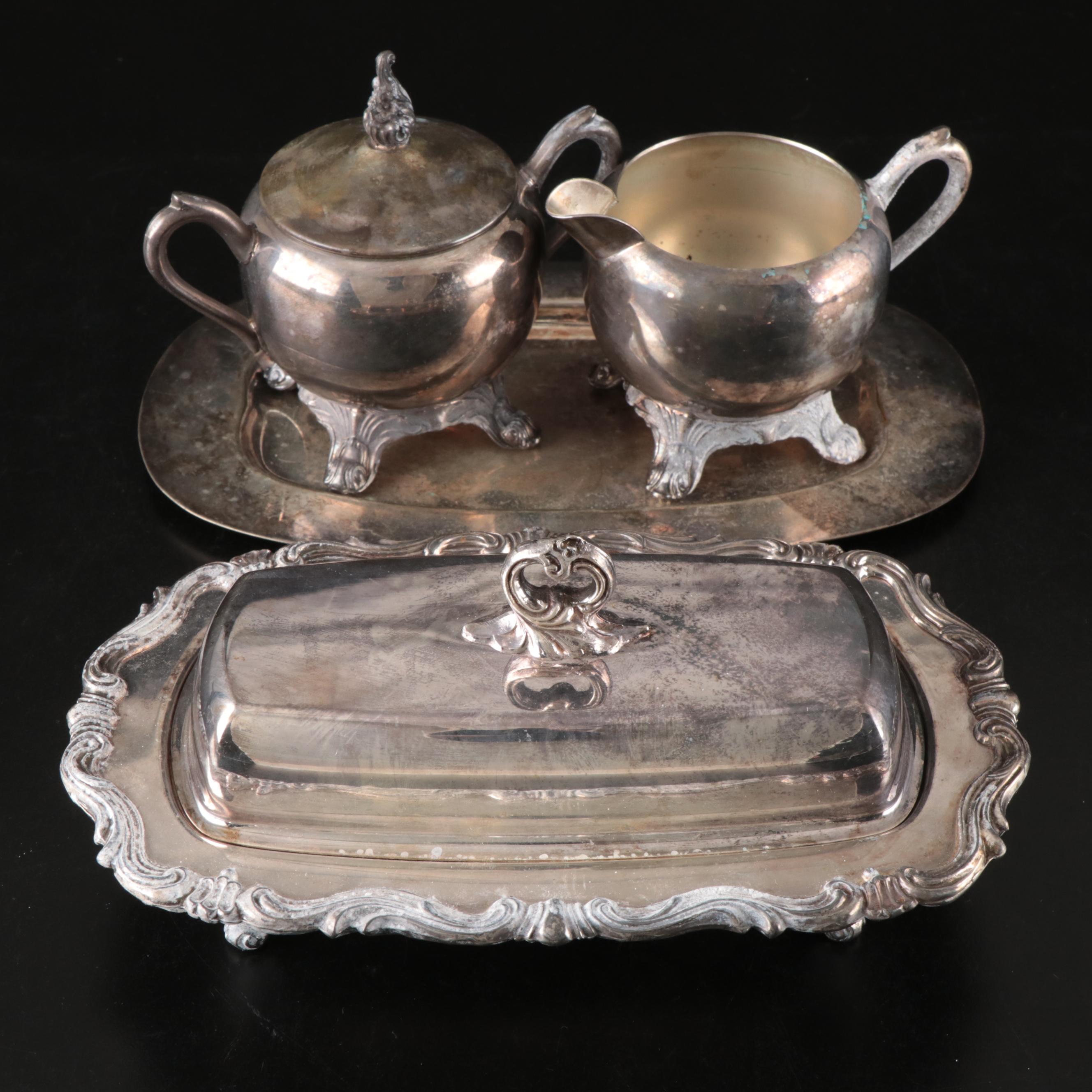 F.B. Rogers Silver Plate Butter Dish and Creamer and Sugar with Benedict Tray