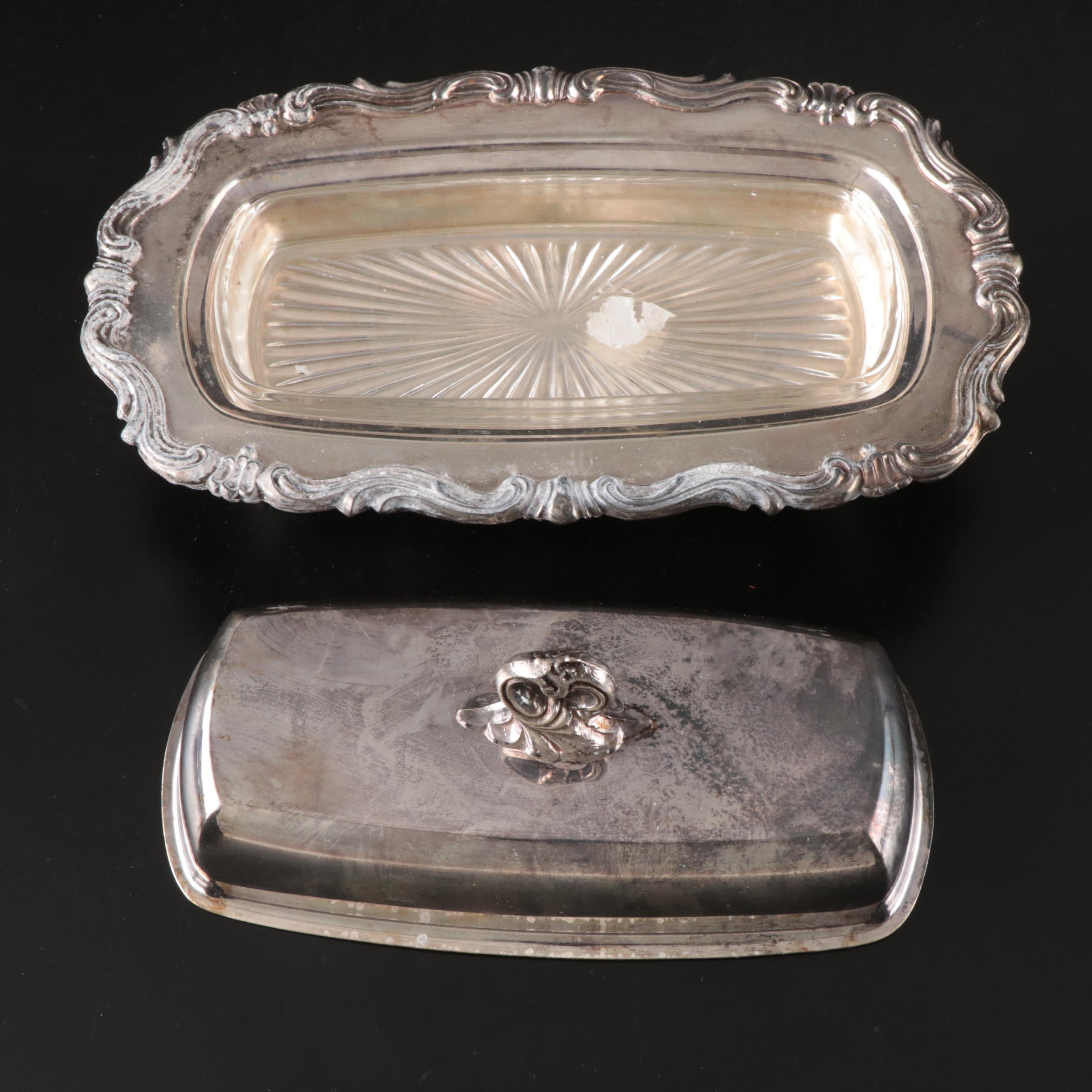 F.B. Rogers Silver Plate Butter Dish and Creamer and Sugar with Benedict Tray