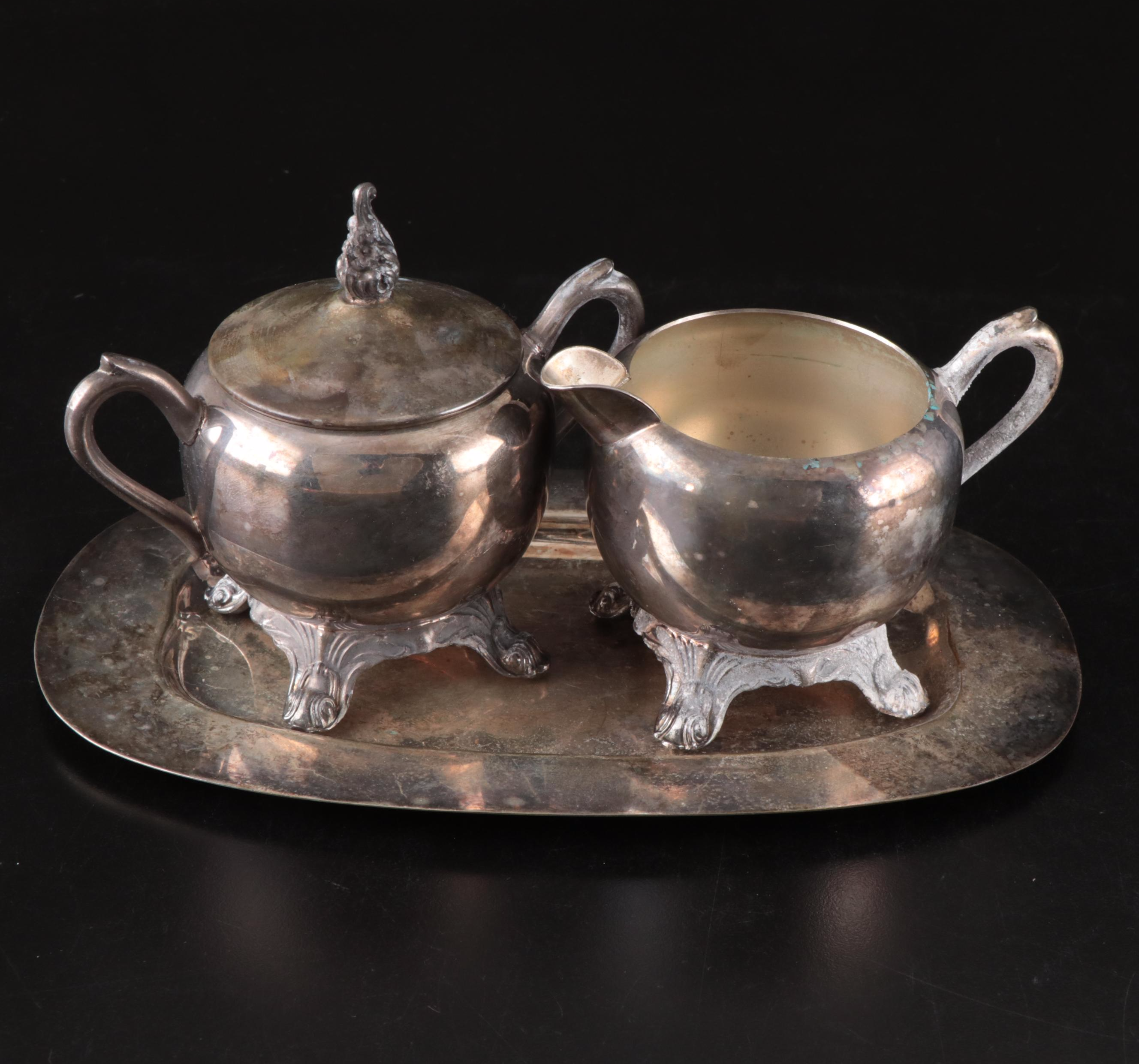 F.B. Rogers Silver Plate Butter Dish and Creamer and Sugar with Benedict Tray