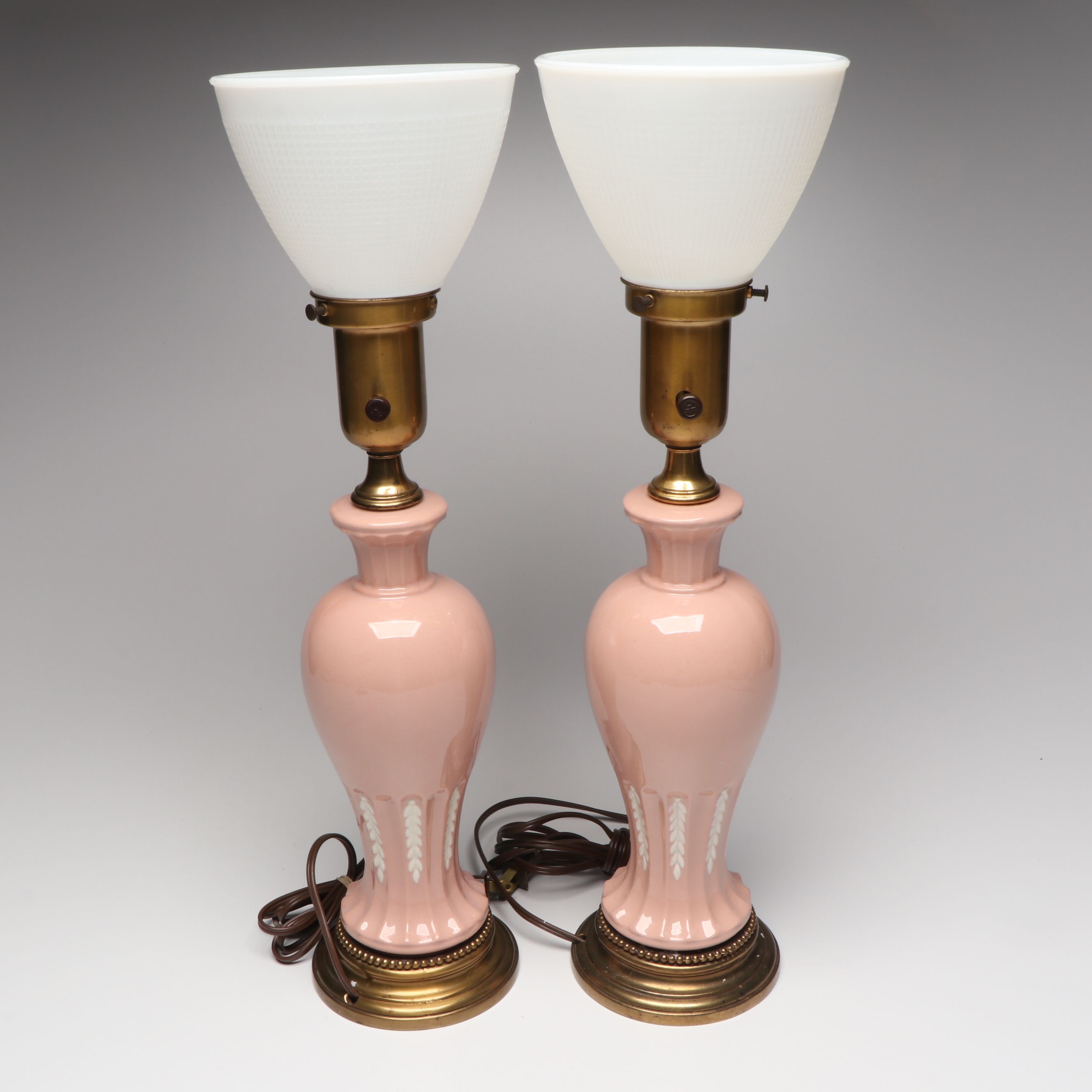 Mid-Century Pink and White Ceramic Table Lamps with Milk Glass Torchiere Shades