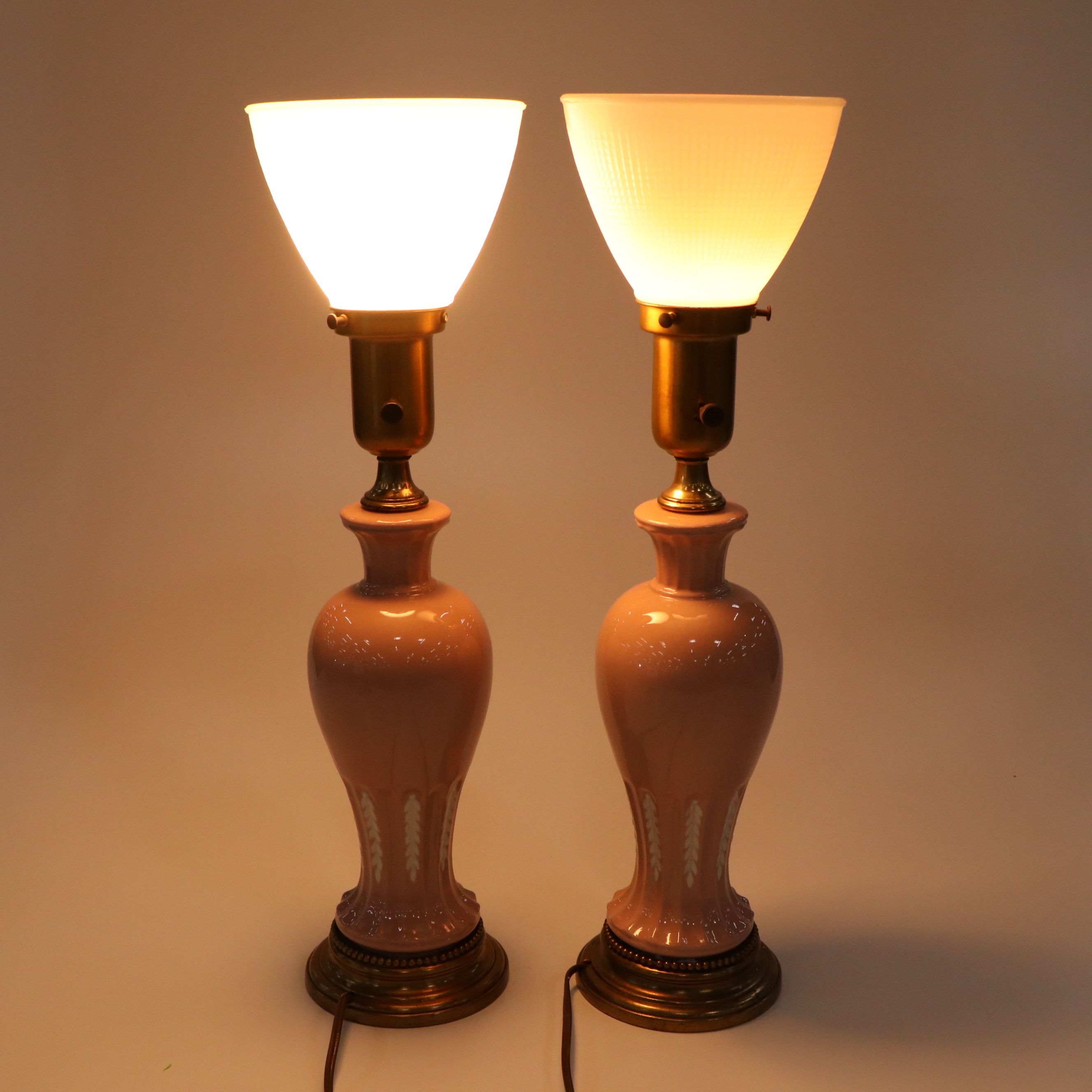 Mid-Century Pink and White Ceramic Table Lamps with Milk Glass Torchiere Shades