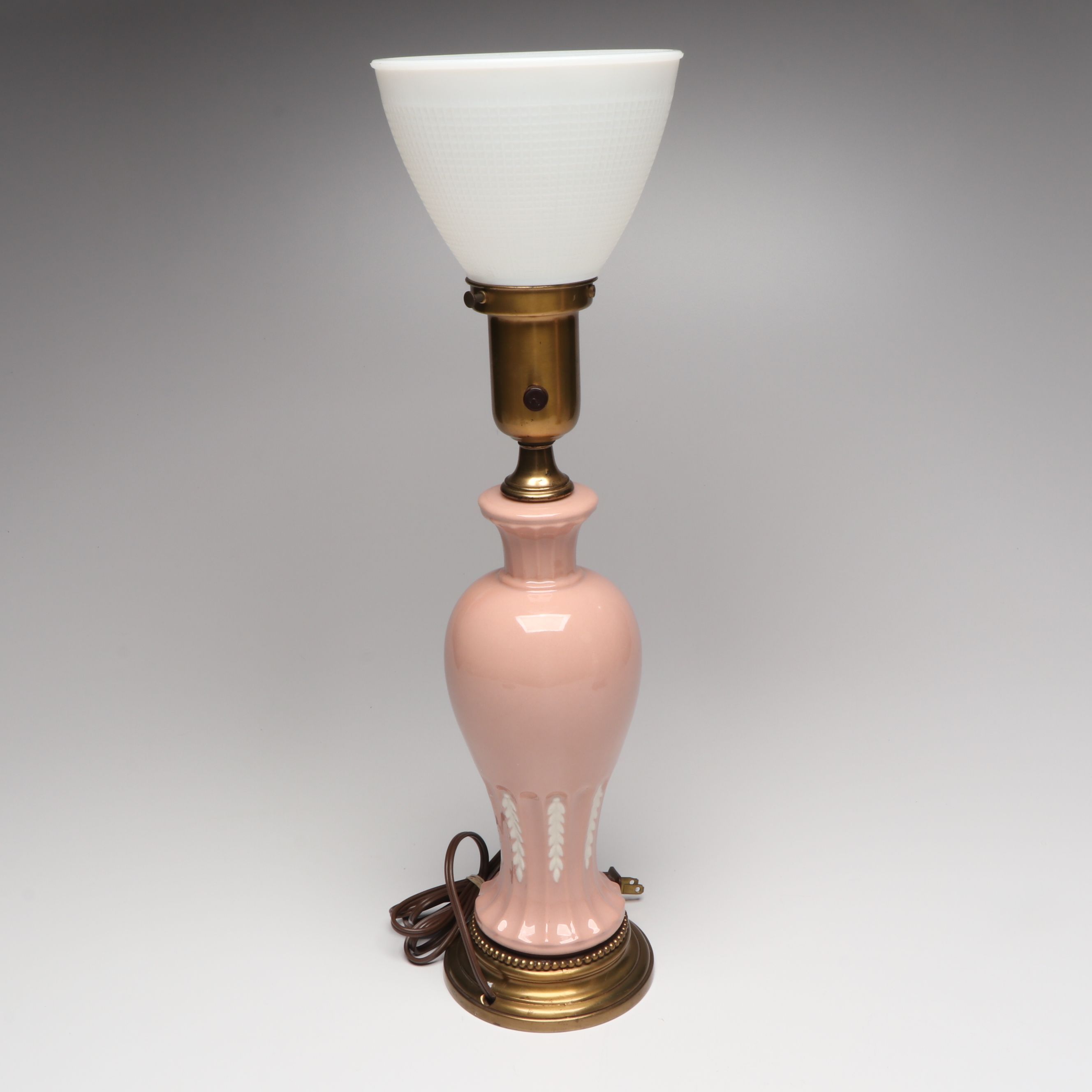 Mid-Century Pink and White Ceramic Table Lamps with Milk Glass Torchiere Shades