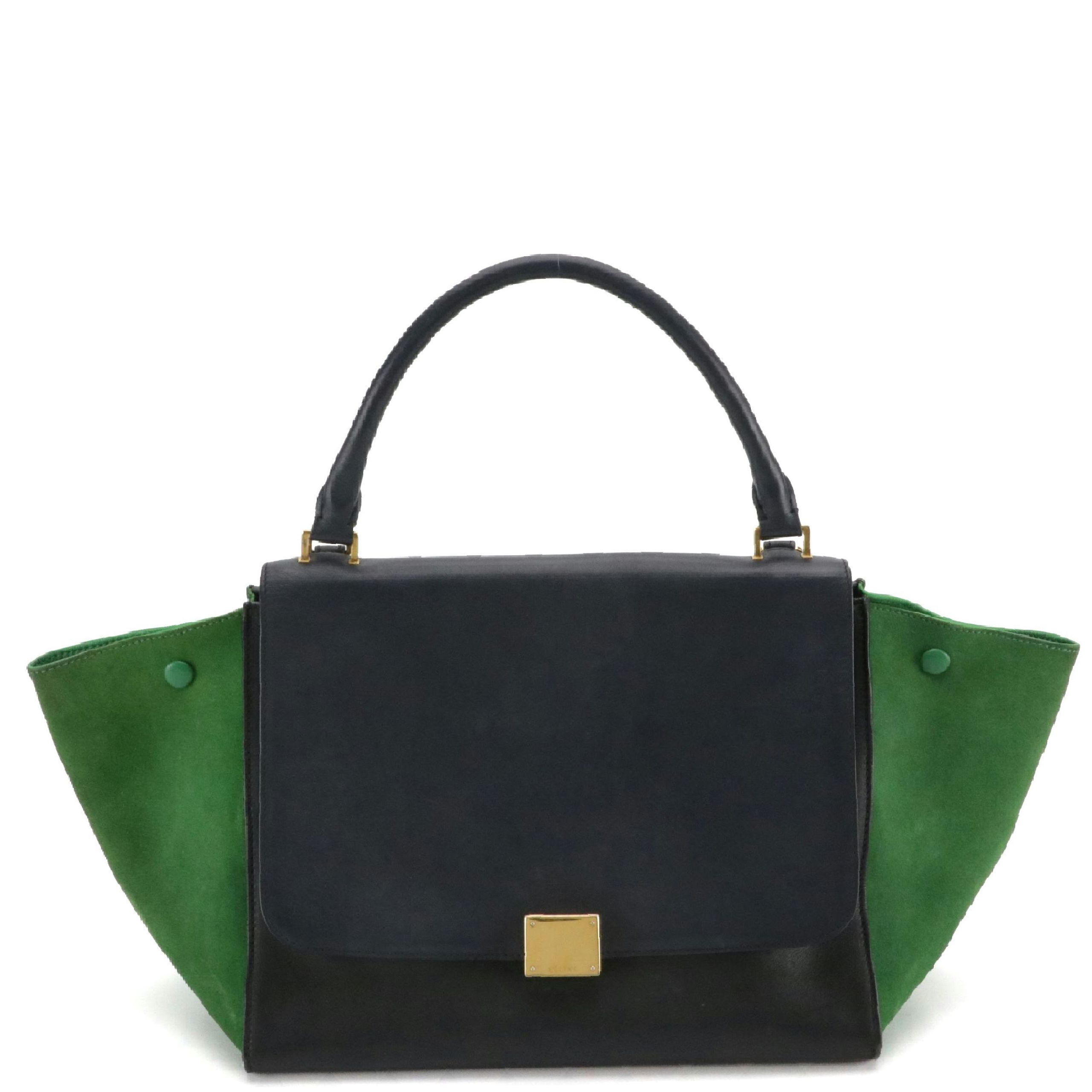 Céline Medium Trapeze Two-Way Bag in Navy Blue Calfskin Leather and Green Suede