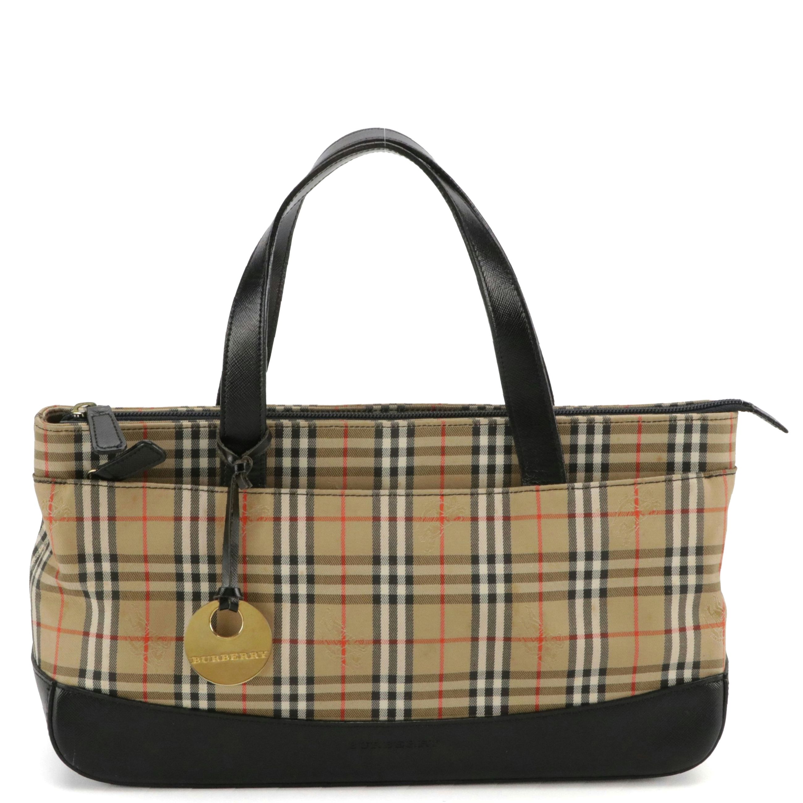 Burberrys Front Pocket Handbag in Haymarket Check Canvas and Black Leather