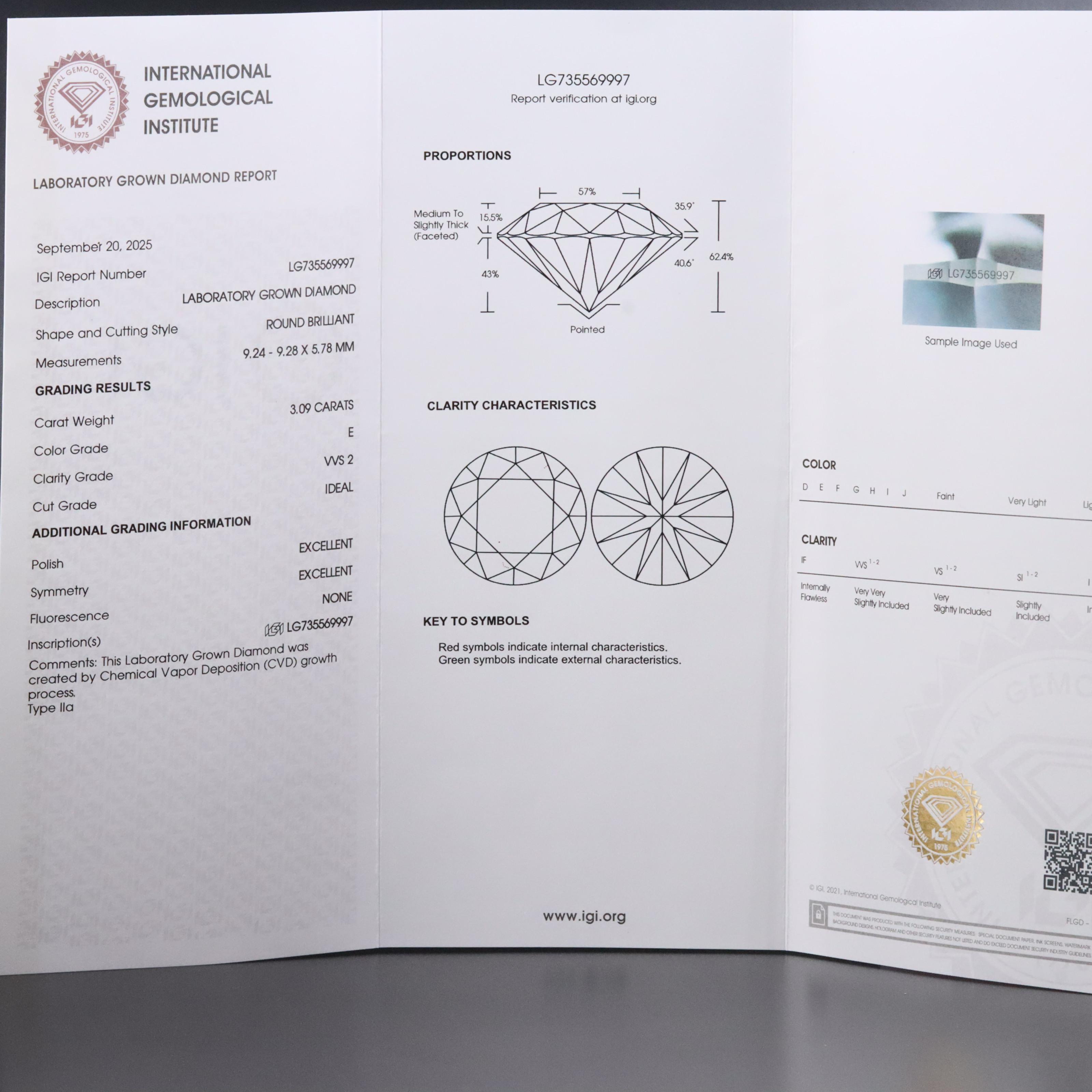Loose 3.09 CT Lab Grown Diamond with IGI Report
