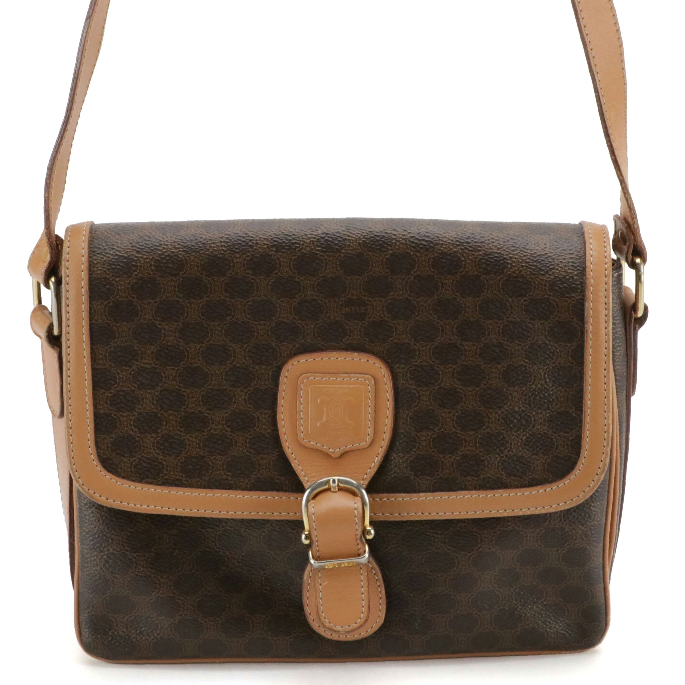 Celine Front Flap Crossbody Bag in Dark Brown Macadam Canvas and Leather