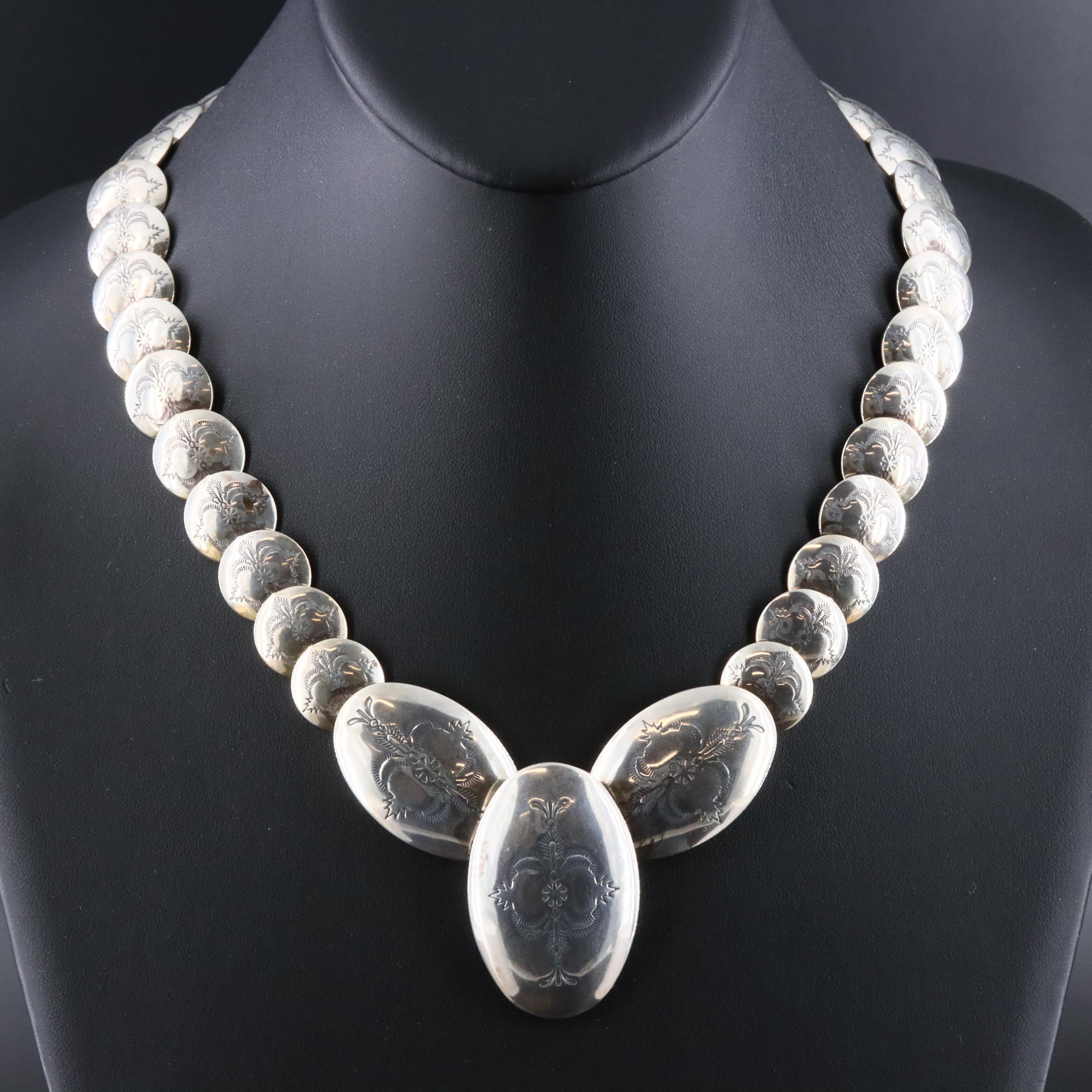 Carlisle Jewelry Sterling Pillow and Concho Stampwork Bead Necklace