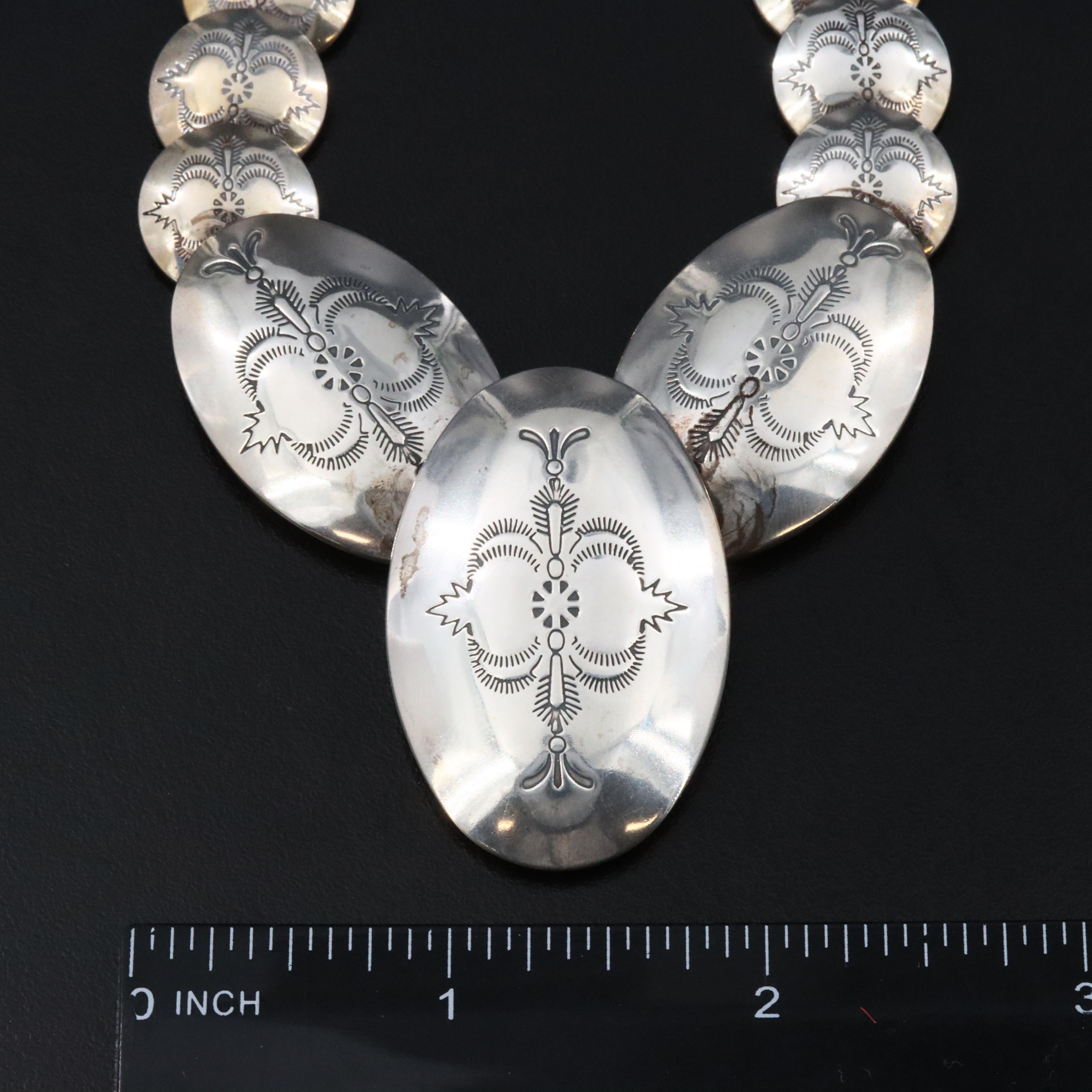 Carlisle Jewelry Sterling Pillow and Concho Stampwork Bead Necklace