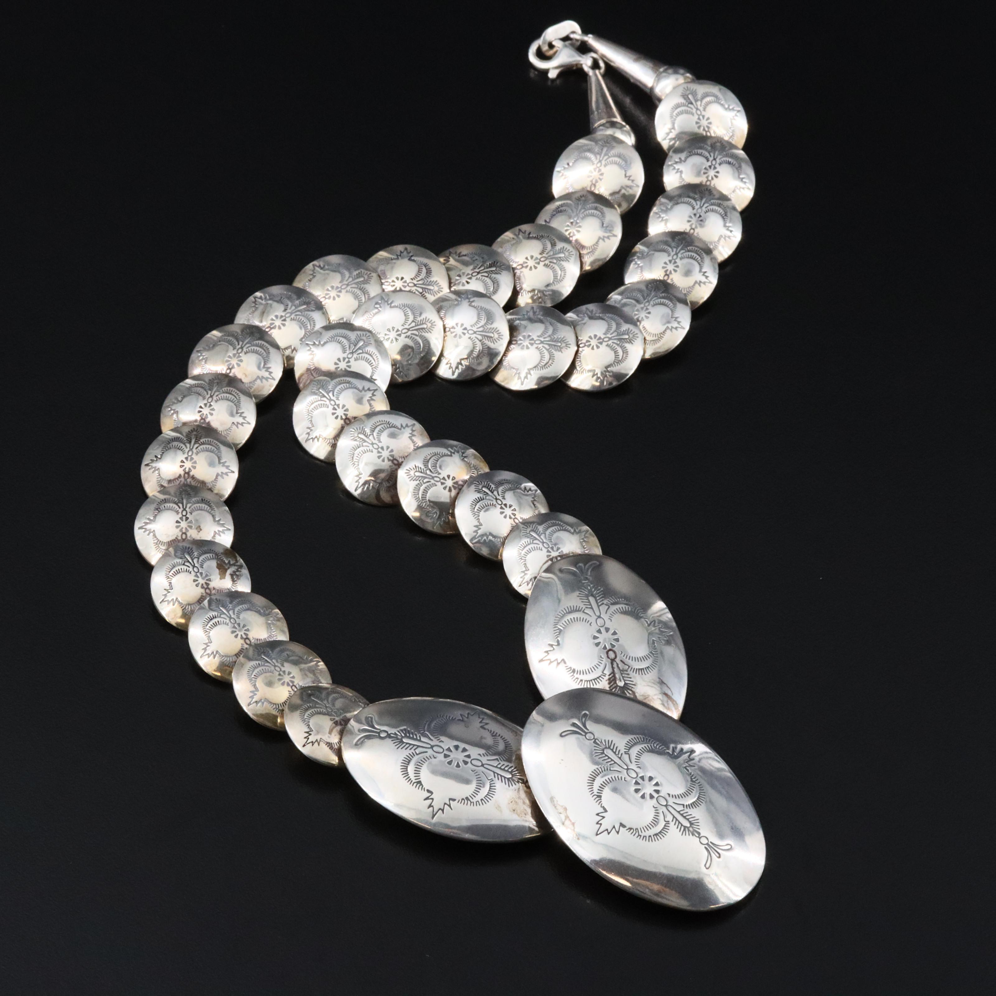 Carlisle Jewelry Sterling Pillow and Concho Stampwork Bead Necklace