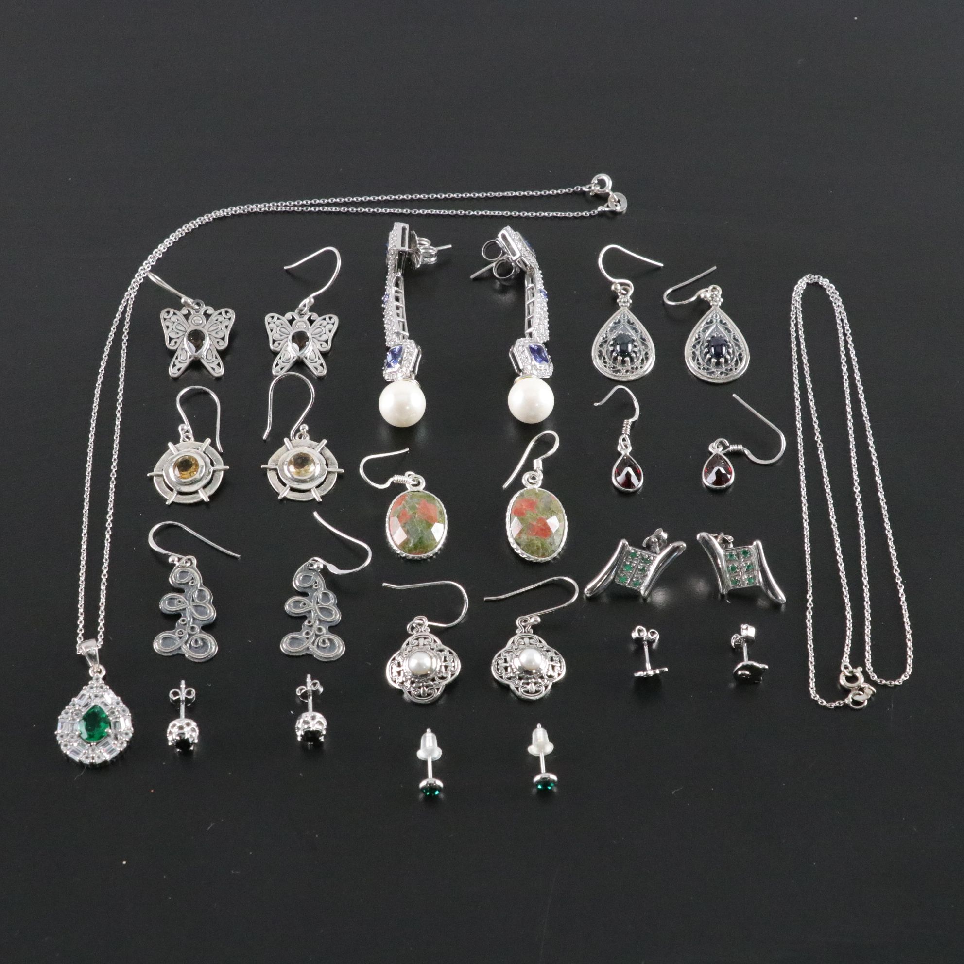 14 Assorted Sterling Silver Earrings and Necklaces