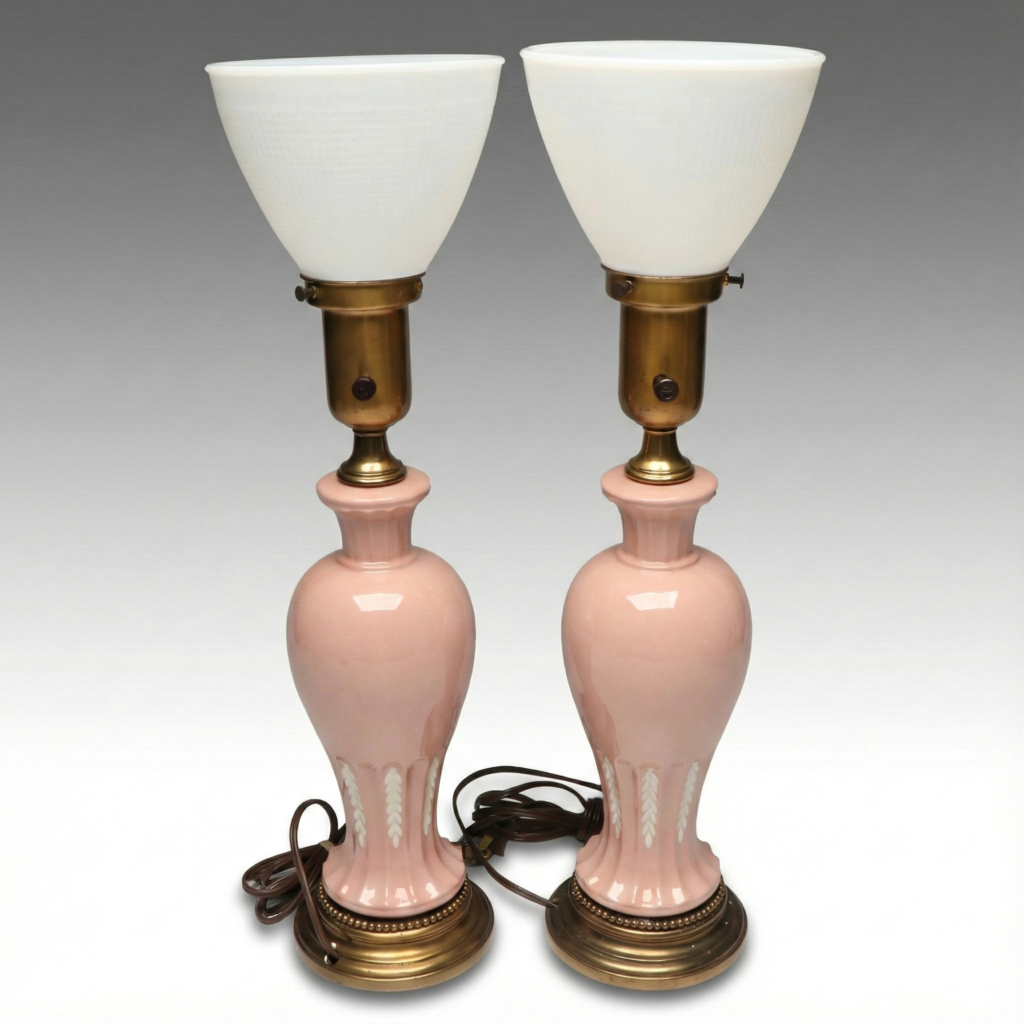 Mid-Century Pink and White Ceramic Table Lamps with Milk Glass Torchiere Shades