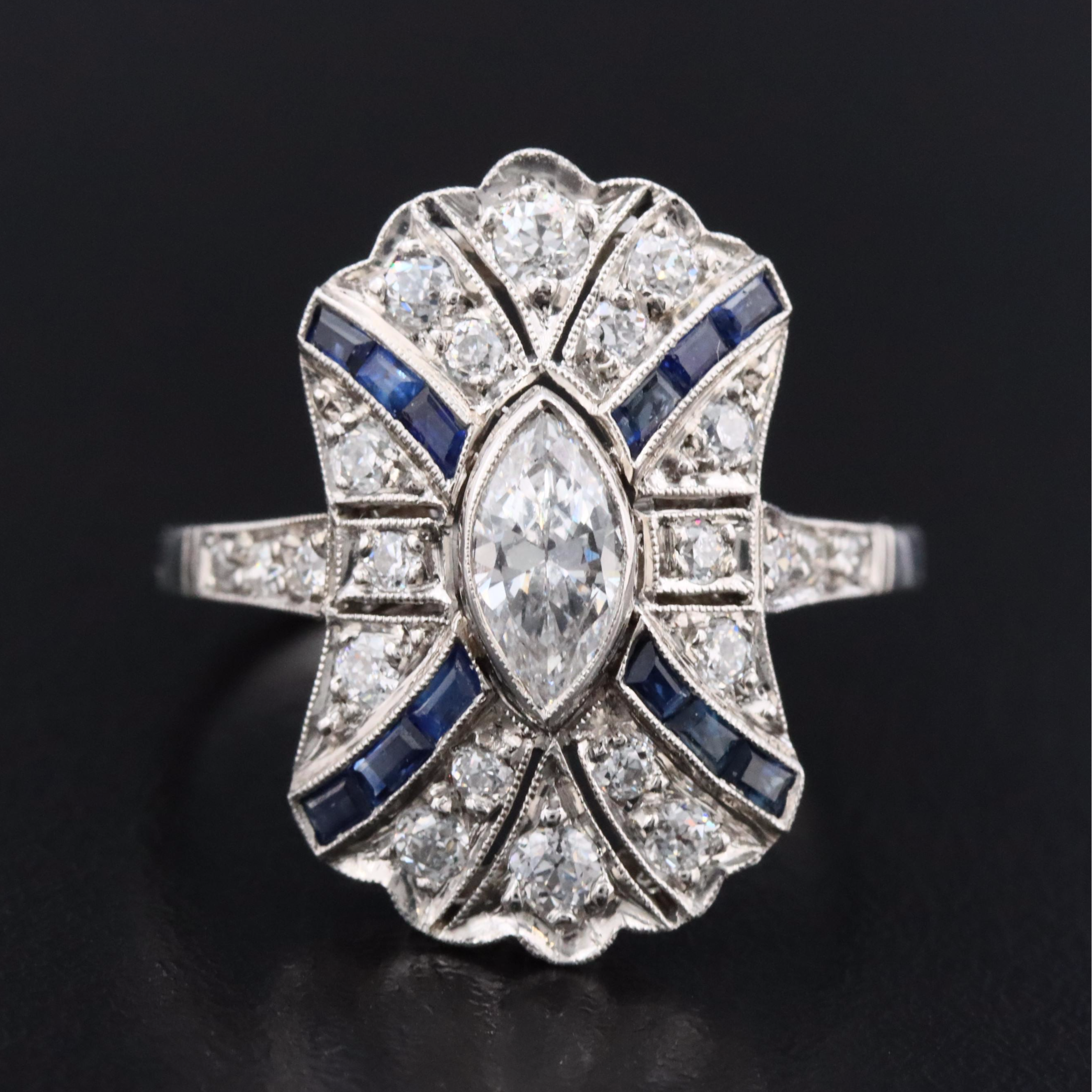Art Deco Platinum 1.11 CTW Diamond and Sapphire Shield Ring