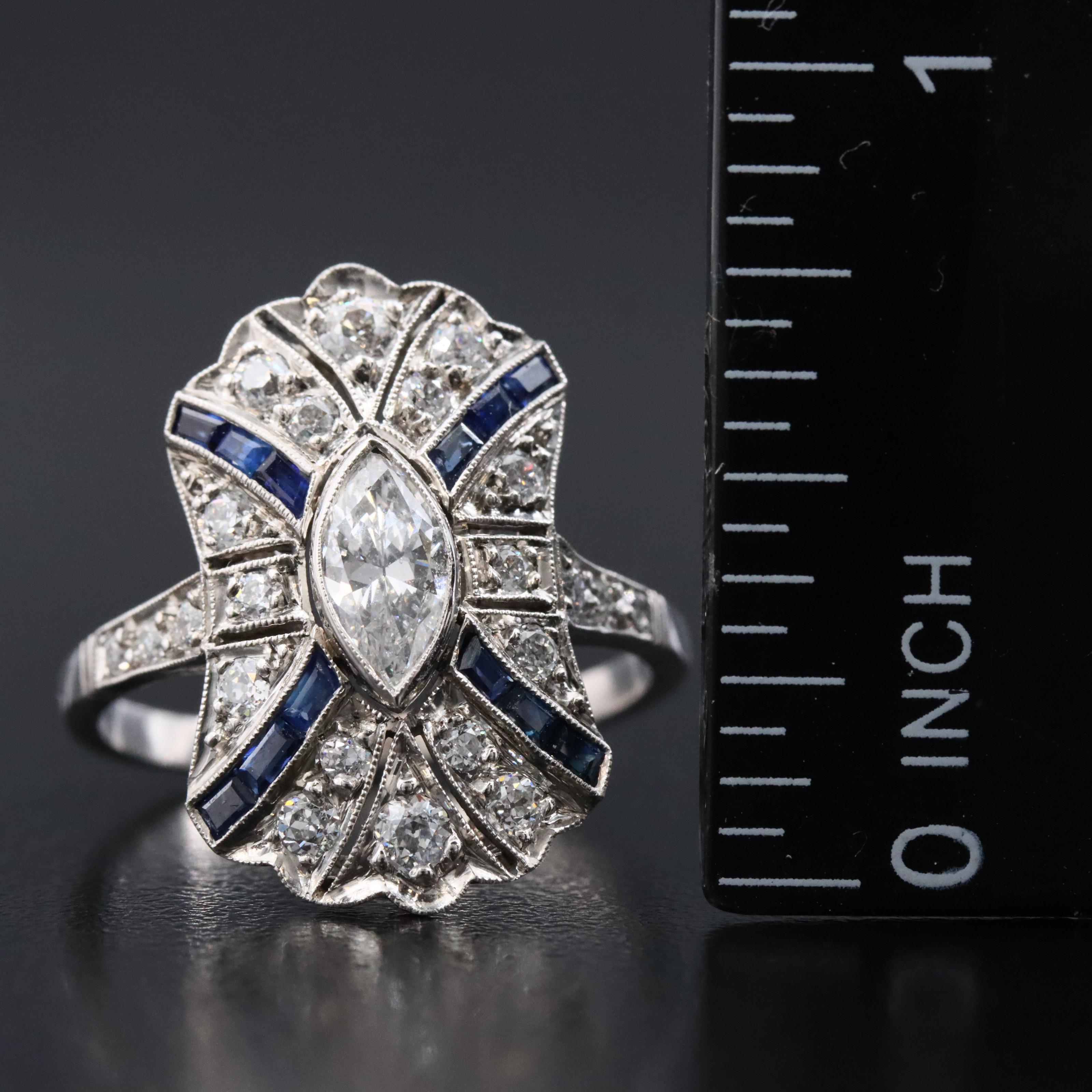 Art Deco Platinum 1.11 CTW Diamond and Sapphire Shield Ring