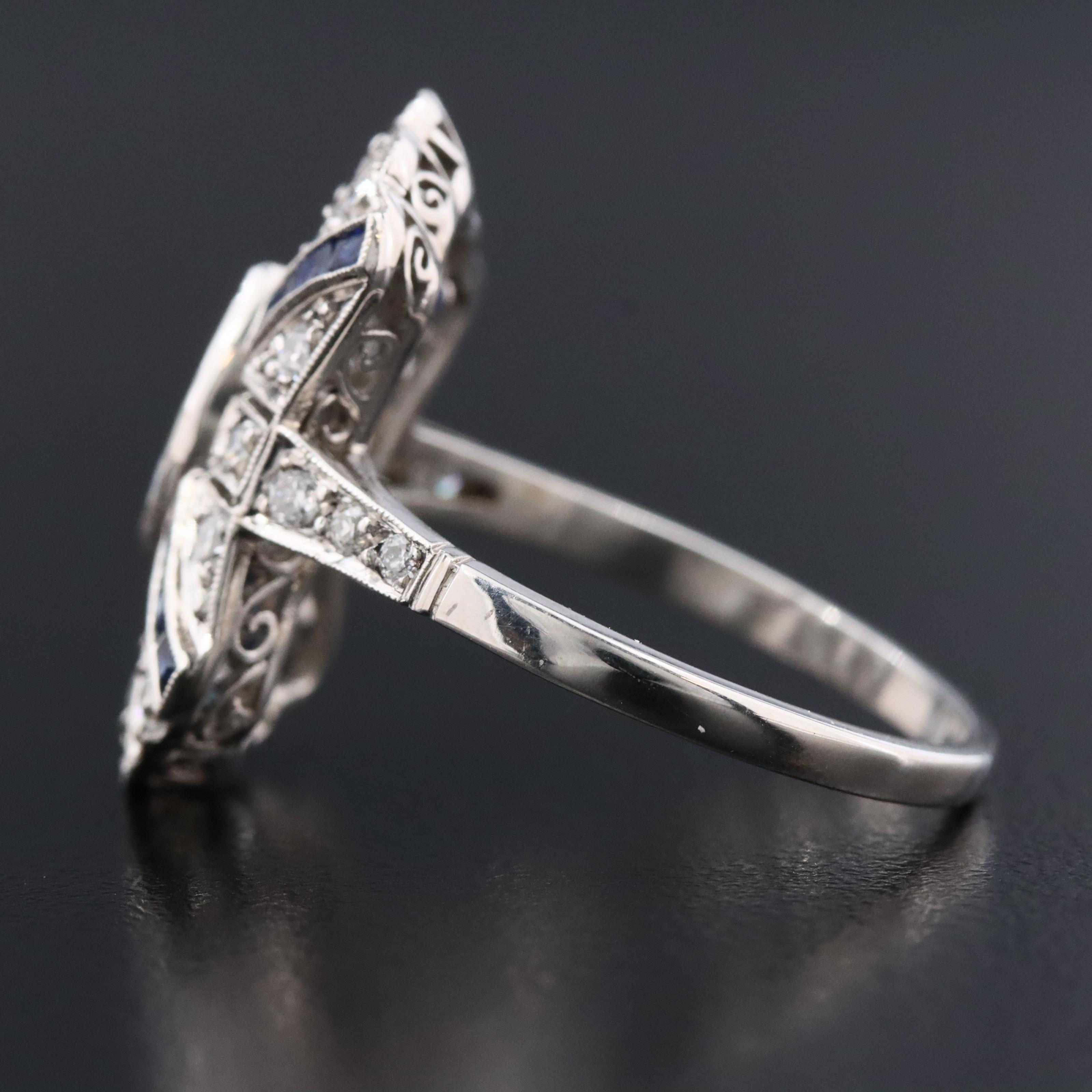 Art Deco Platinum 1.11 CTW Diamond and Sapphire Shield Ring