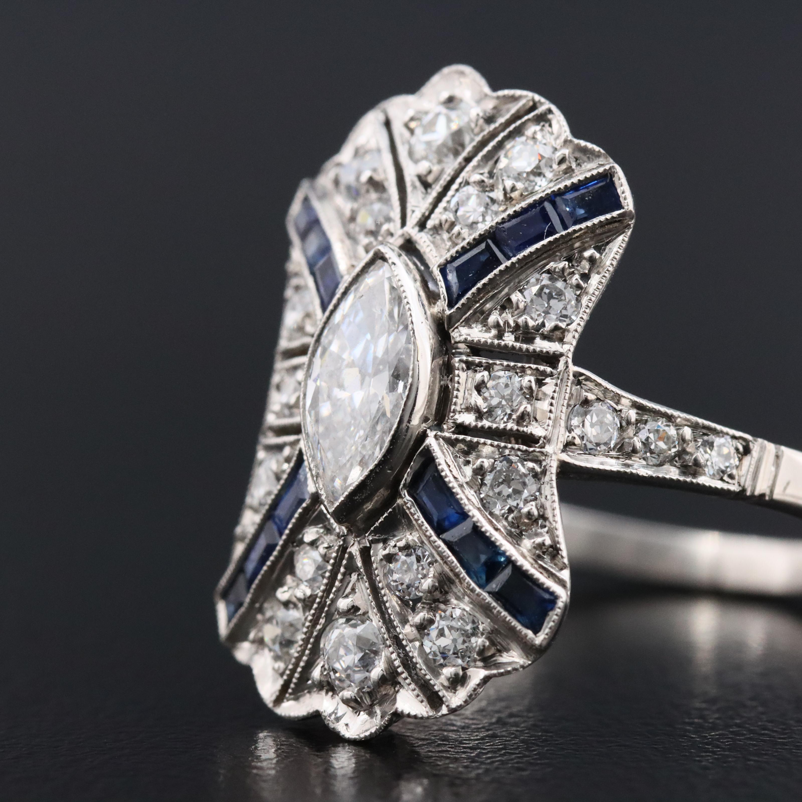 Art Deco Platinum 1.11 CTW Diamond and Sapphire Shield Ring