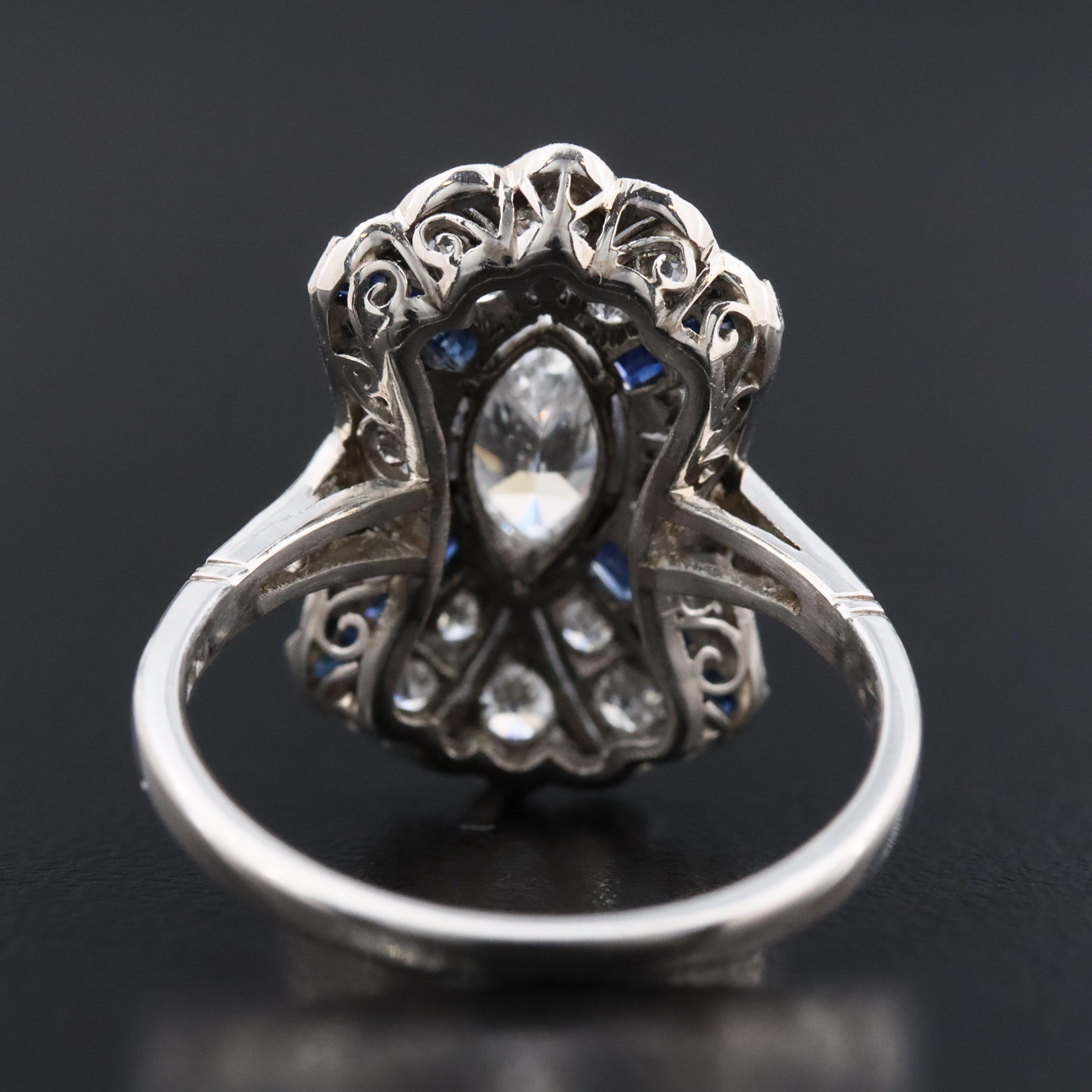 Art Deco Platinum 1.11 CTW Diamond and Sapphire Shield Ring