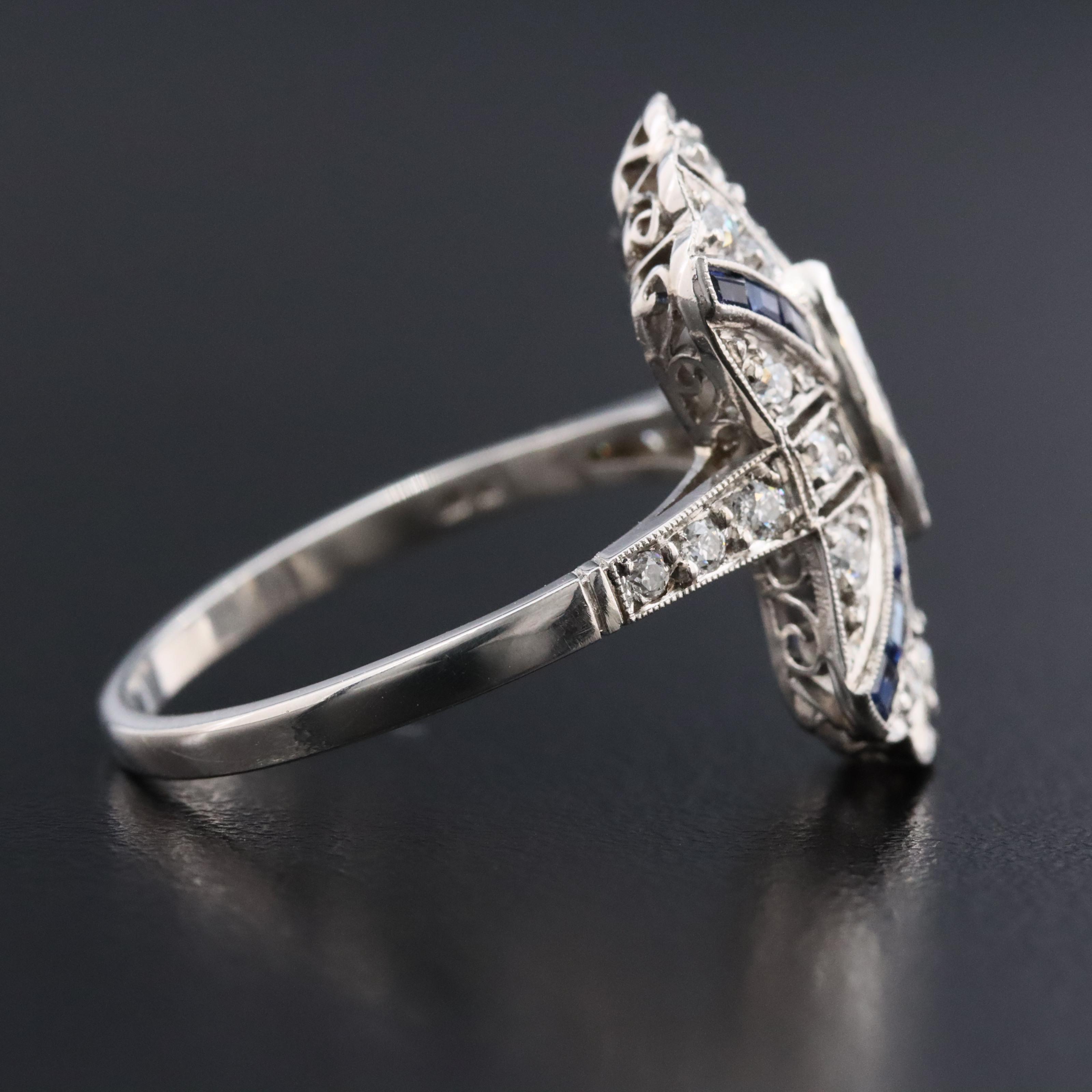 Art Deco Platinum 1.11 CTW Diamond and Sapphire Shield Ring