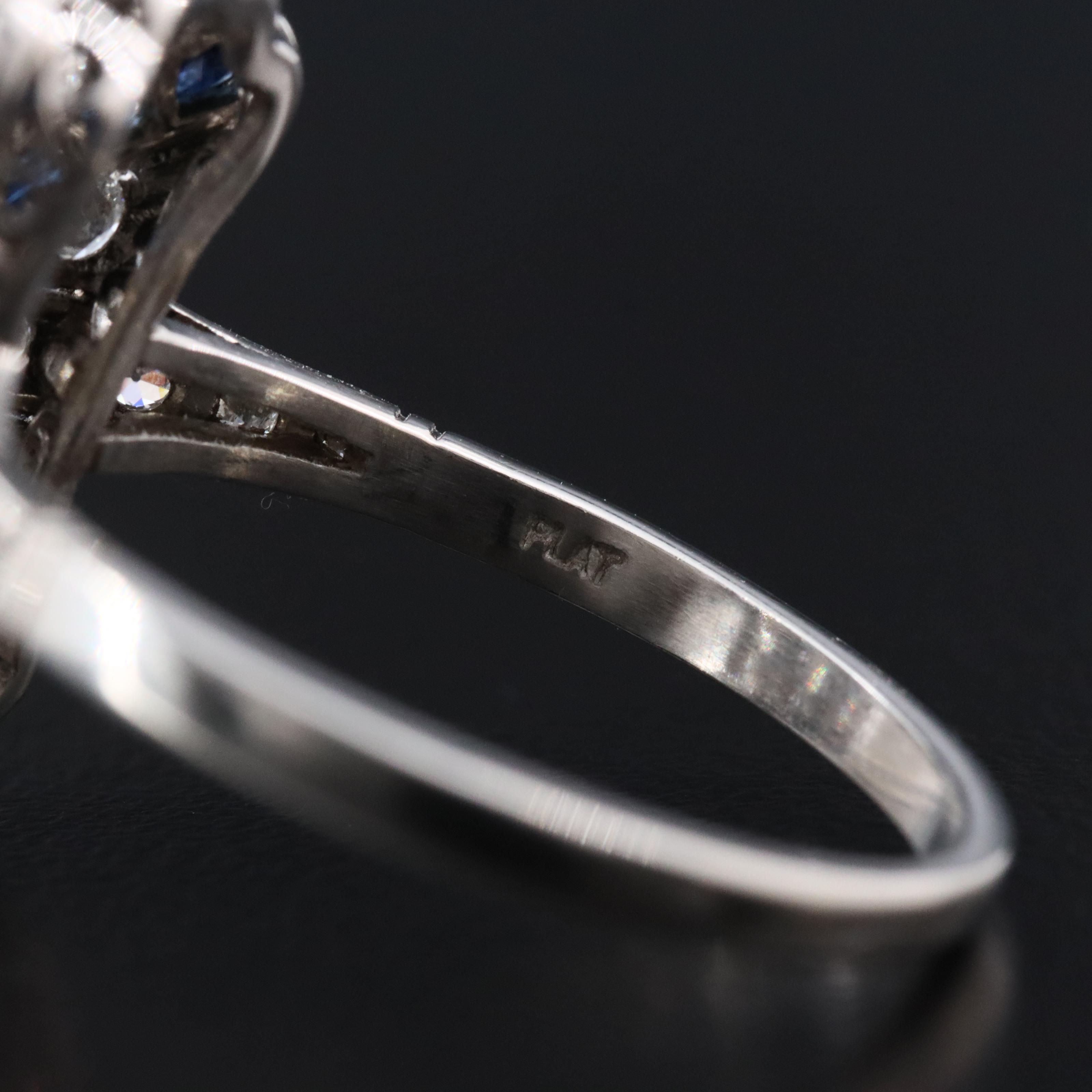 Art Deco Platinum 1.11 CTW Diamond and Sapphire Shield Ring