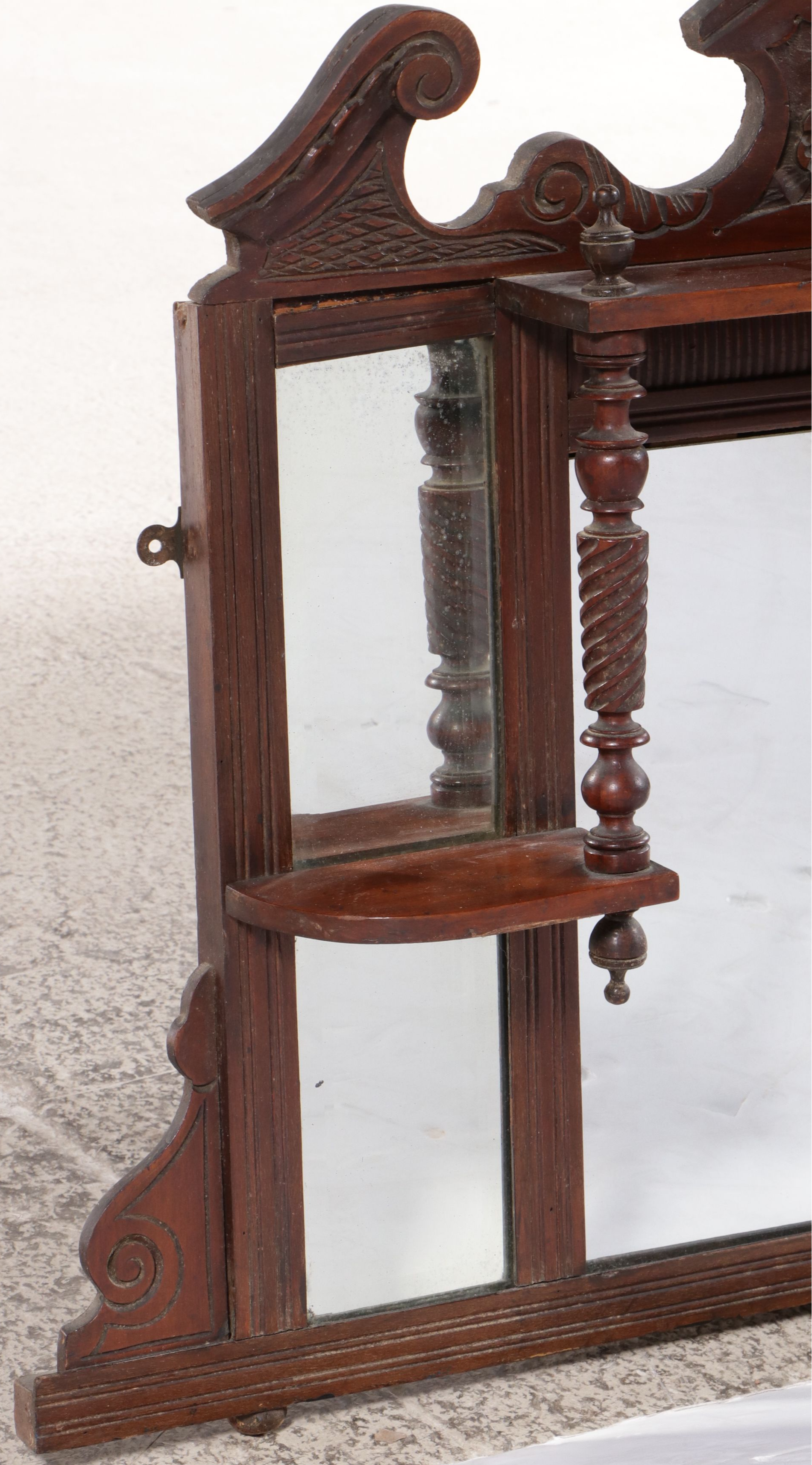 Arts & Crafts Style Carved Wood Overmantel Mirror with Candle Shelves