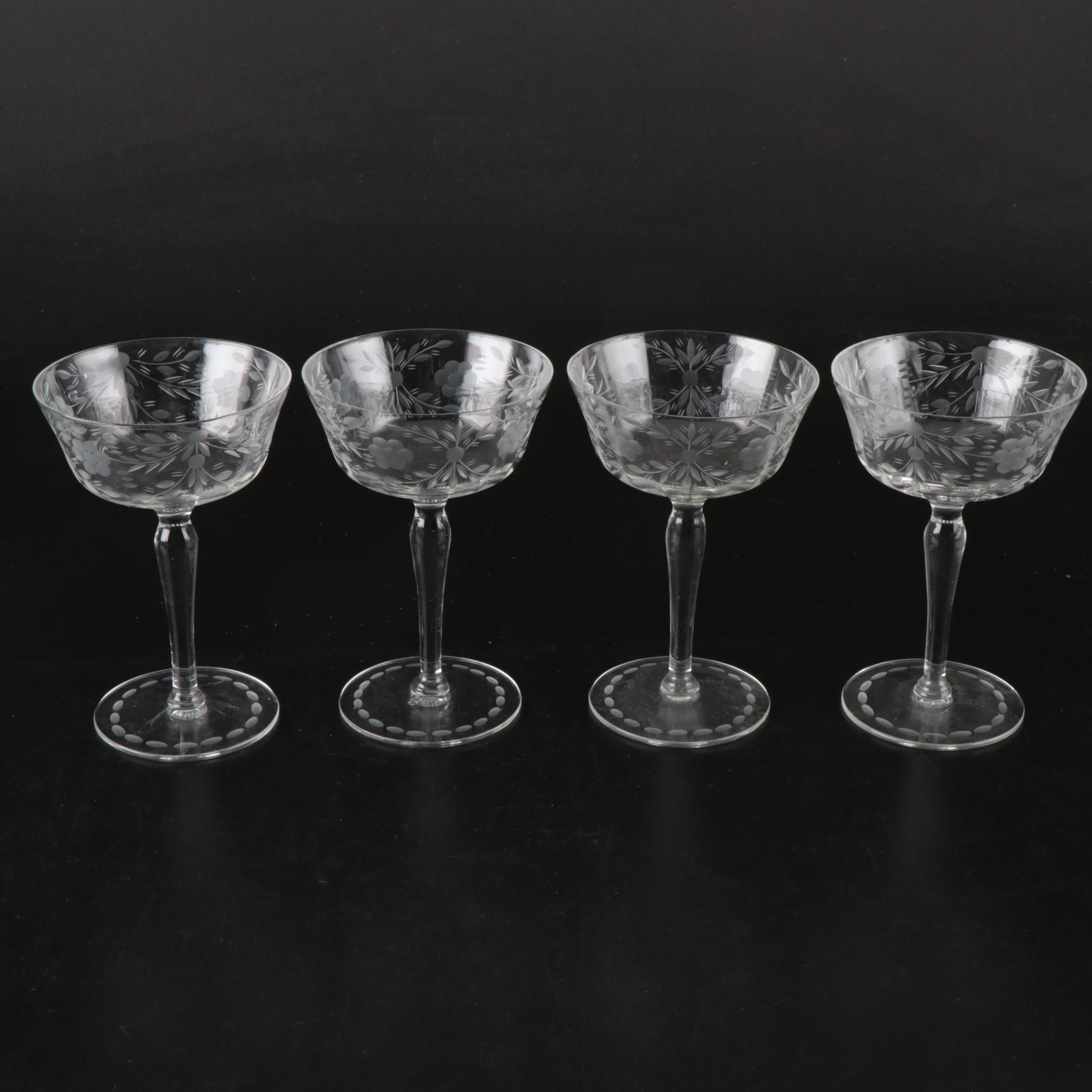 Etched Glass Coupes, Juice Glasses, Shakers, Serving Bowl, and More Tableware