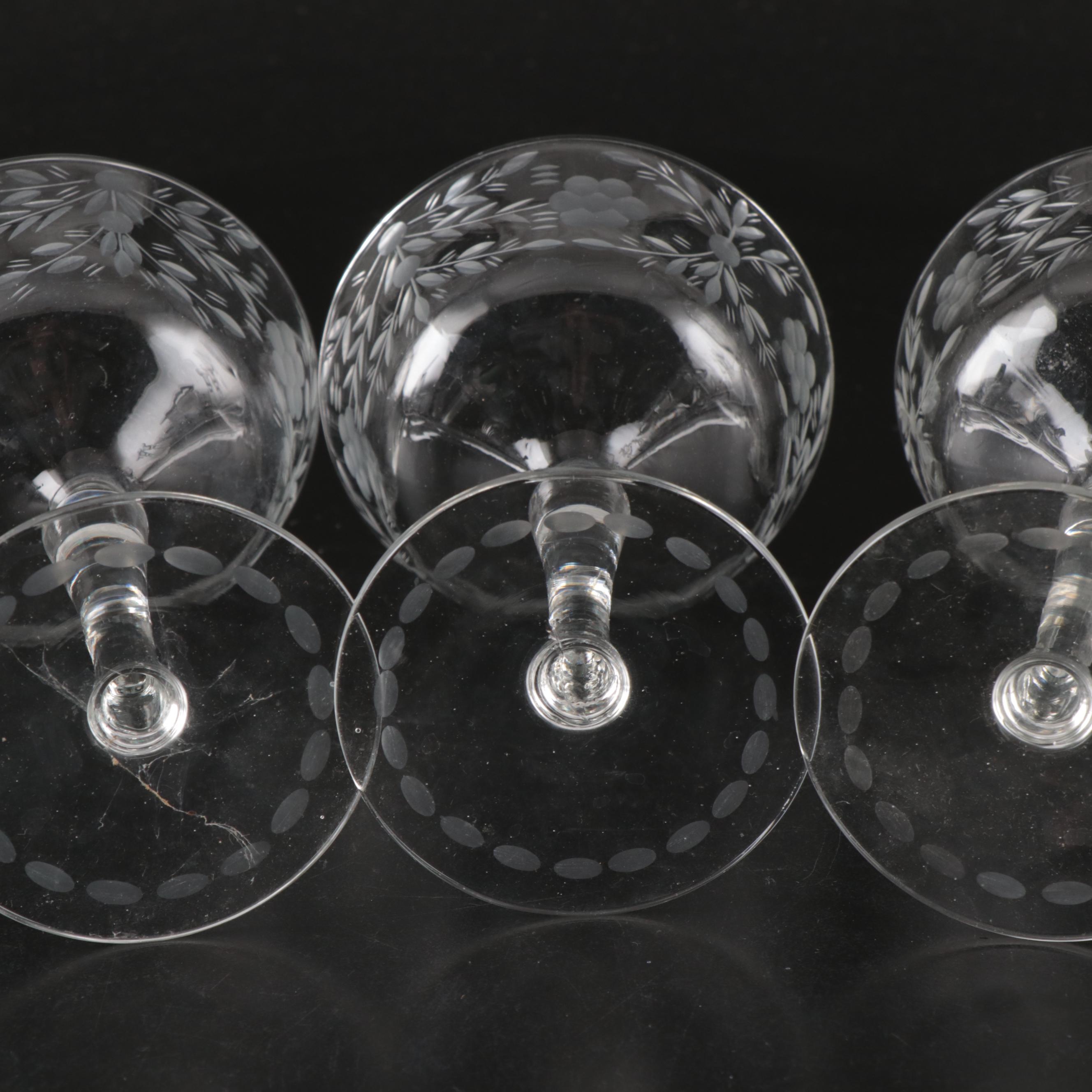 Etched Glass Coupes, Juice Glasses, Shakers, Serving Bowl, and More Tableware