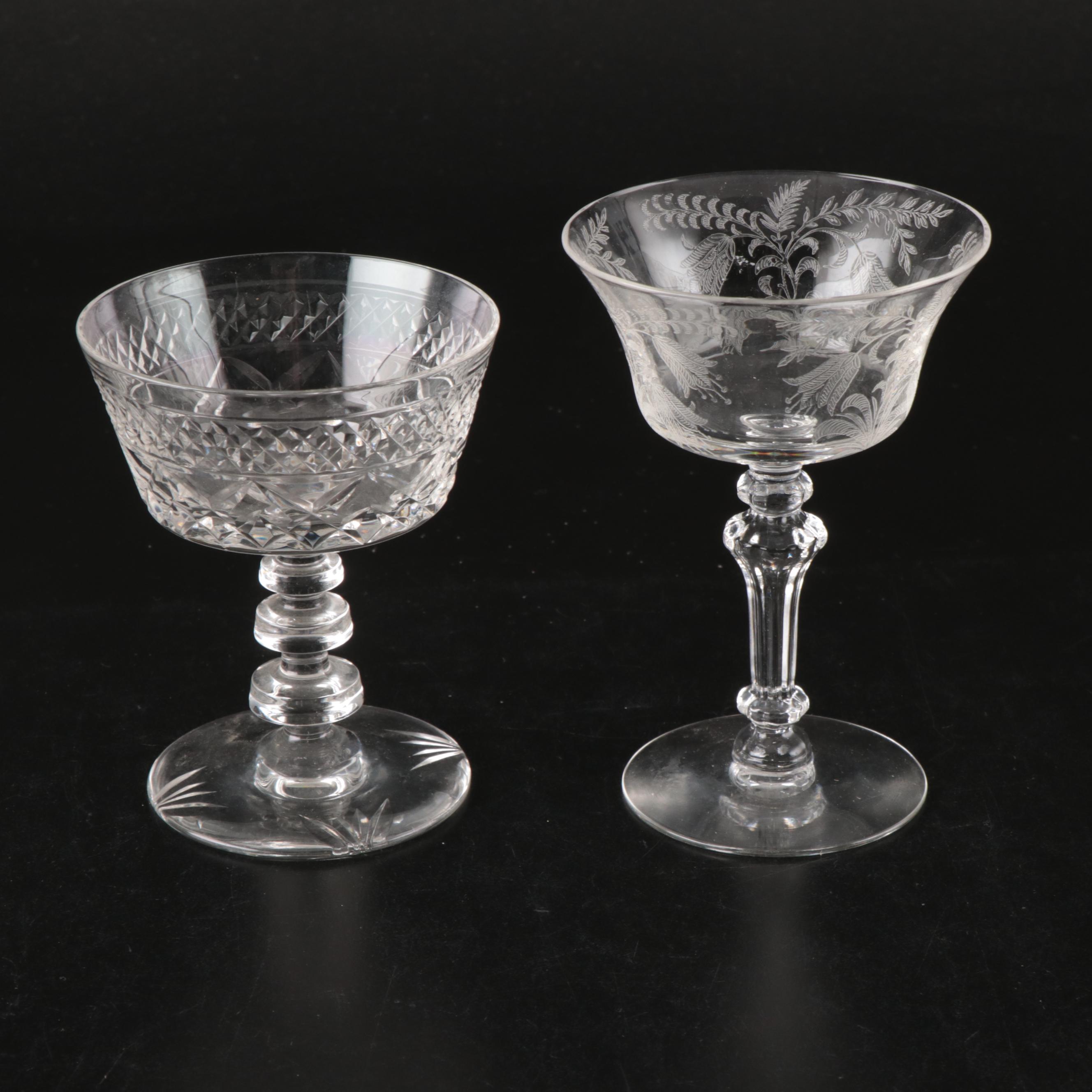 Etched Glass Coupes, Juice Glasses, Shakers, Serving Bowl, and More Tableware
