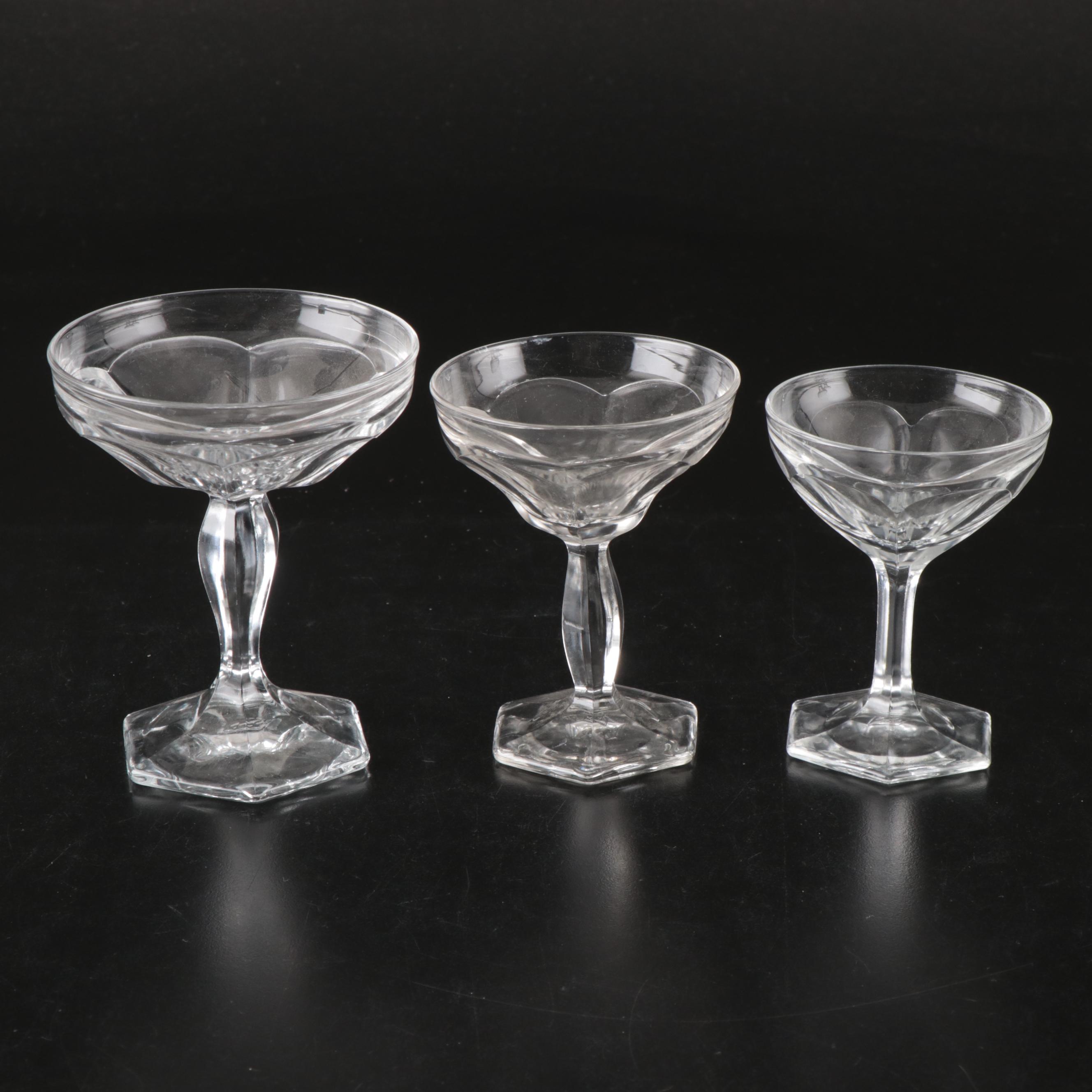 Etched Glass Coupes, Juice Glasses, Shakers, Serving Bowl, and More Tableware