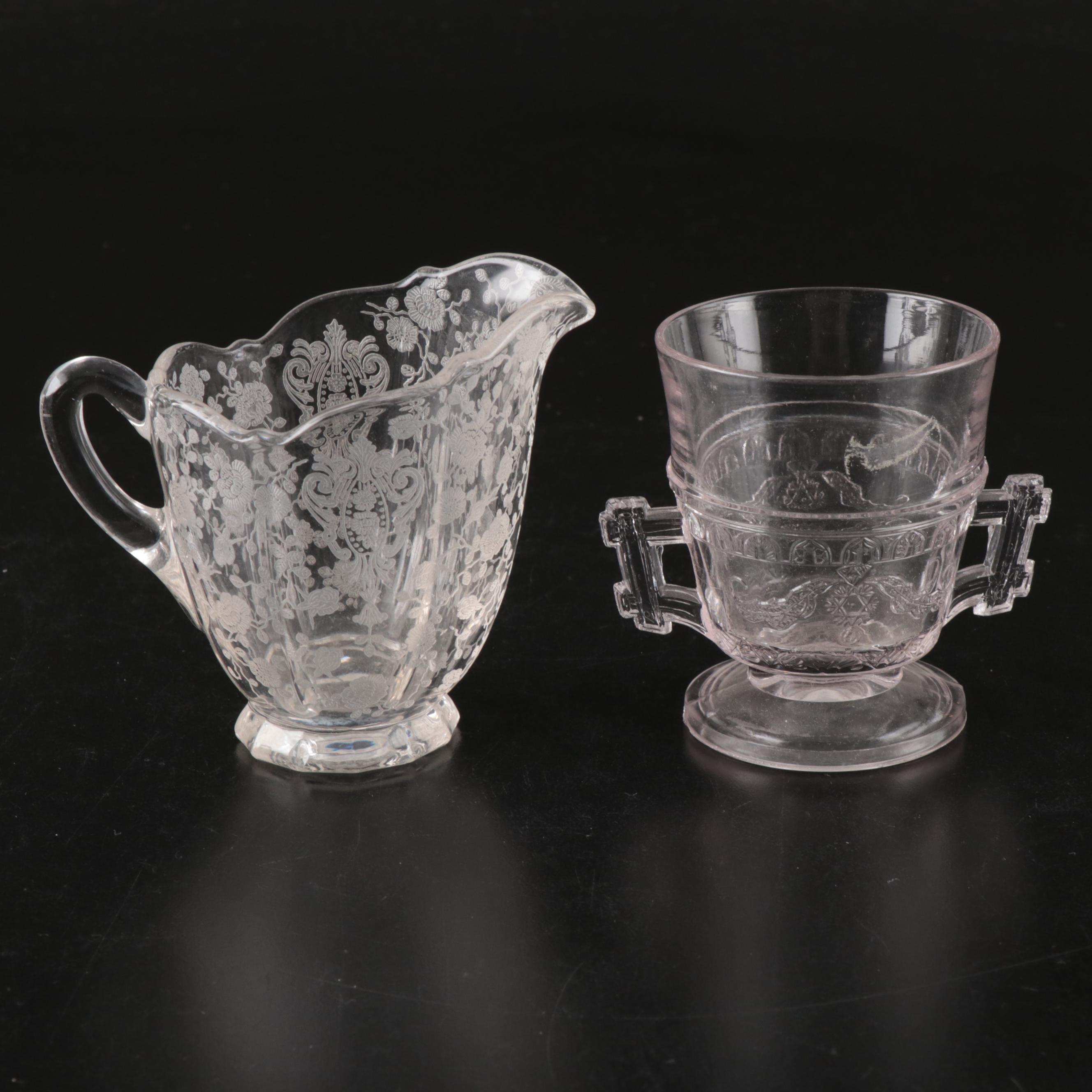 Etched Glass Coupes, Juice Glasses, Shakers, Serving Bowl, and More Tableware