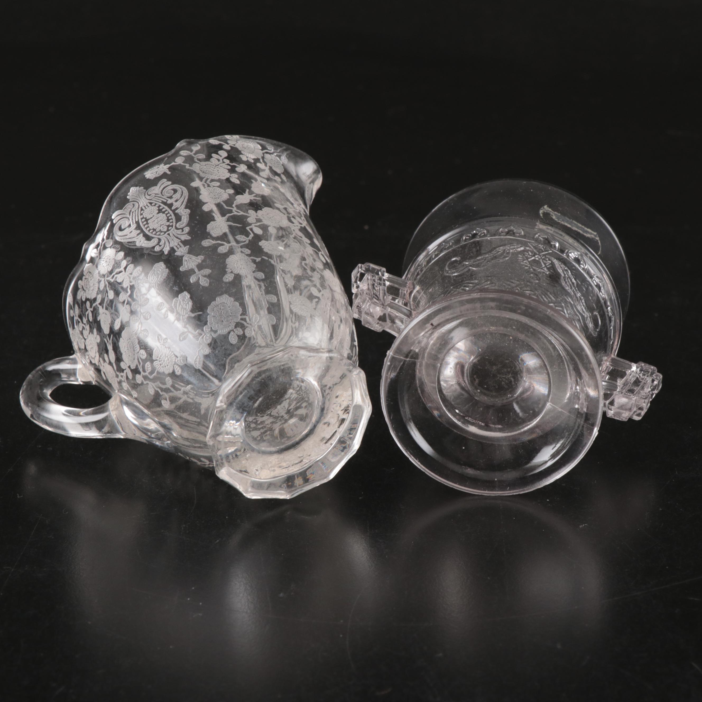 Etched Glass Coupes, Juice Glasses, Shakers, Serving Bowl, and More Tableware