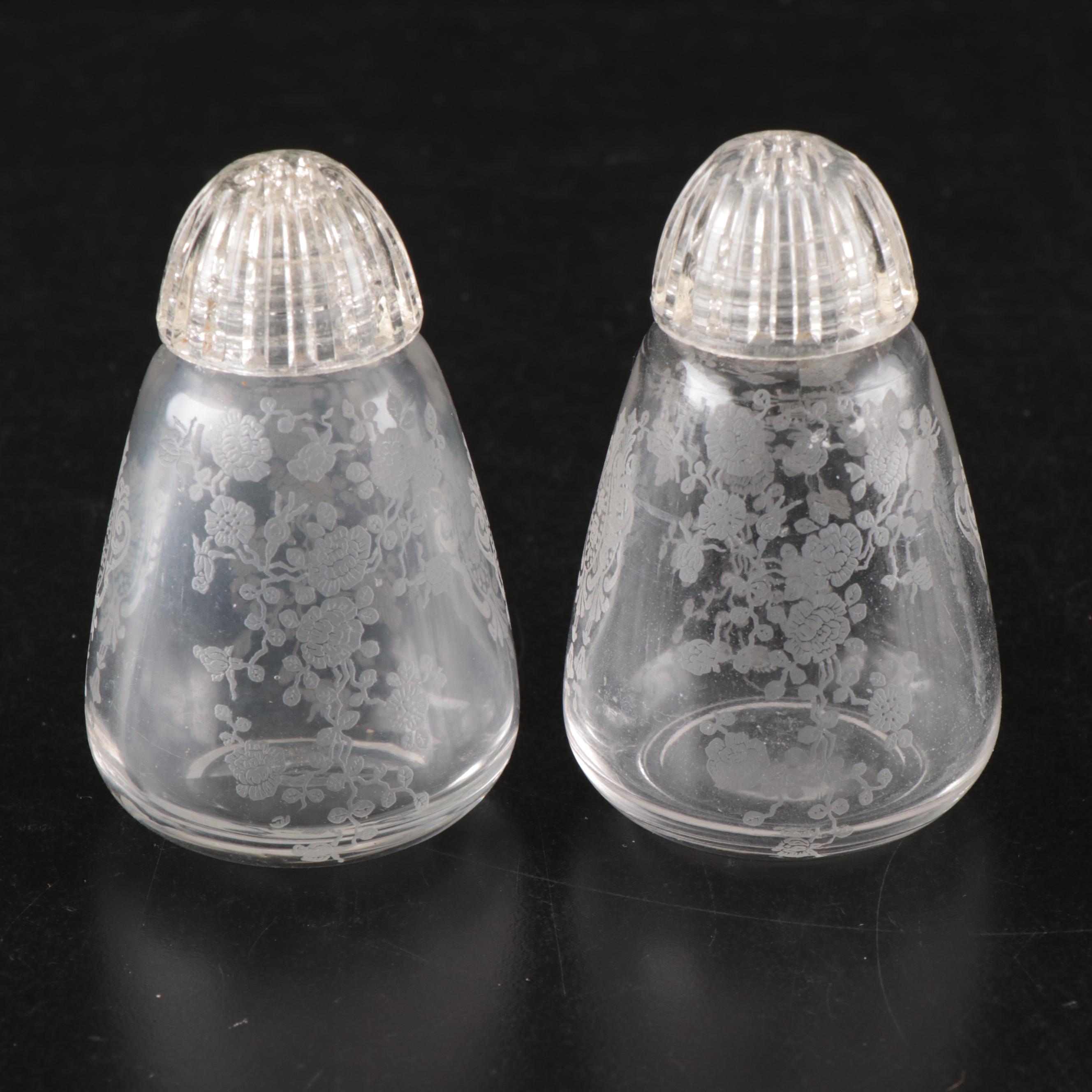 Etched Glass Coupes, Juice Glasses, Shakers, Serving Bowl, and More Tableware