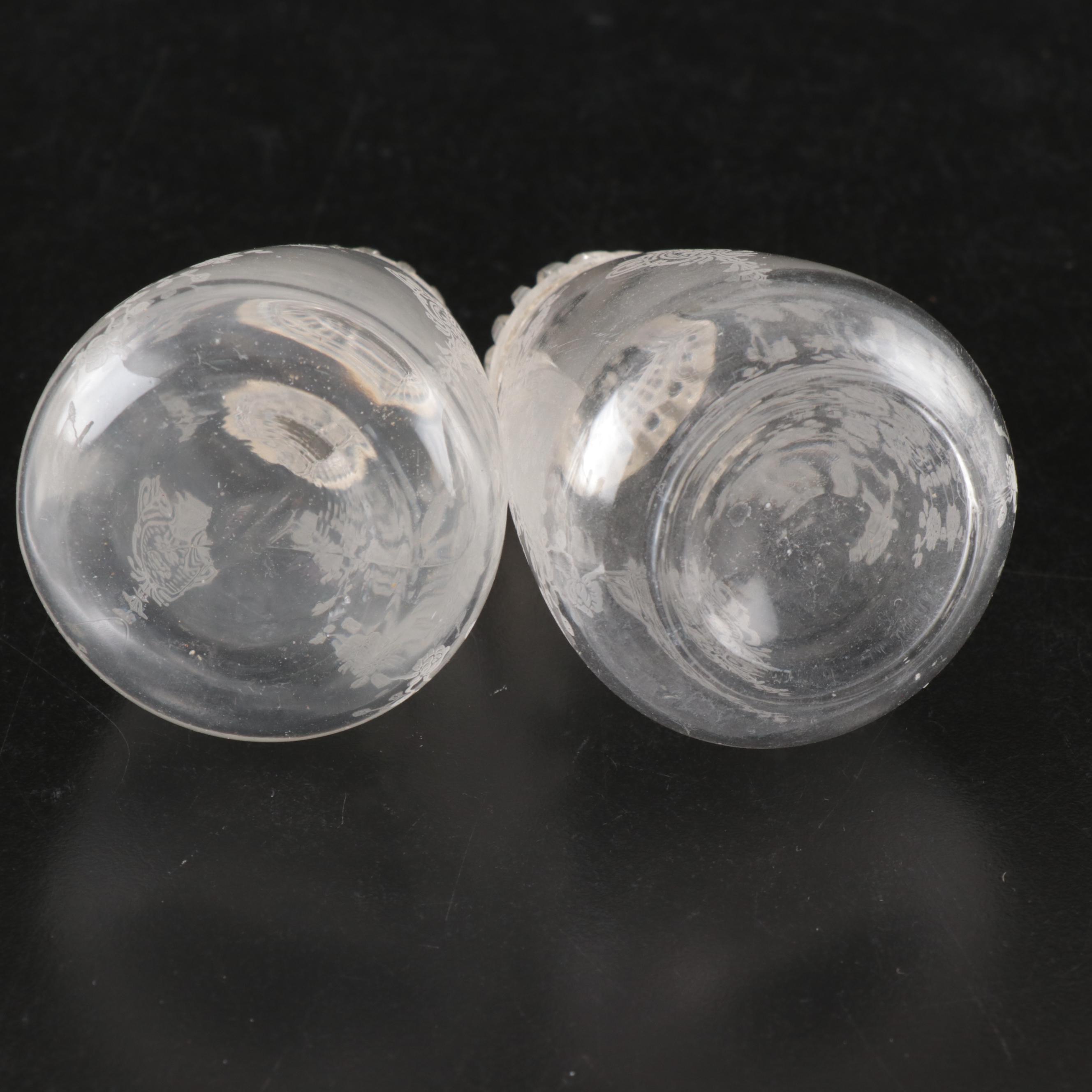 Etched Glass Coupes, Juice Glasses, Shakers, Serving Bowl, and More Tableware