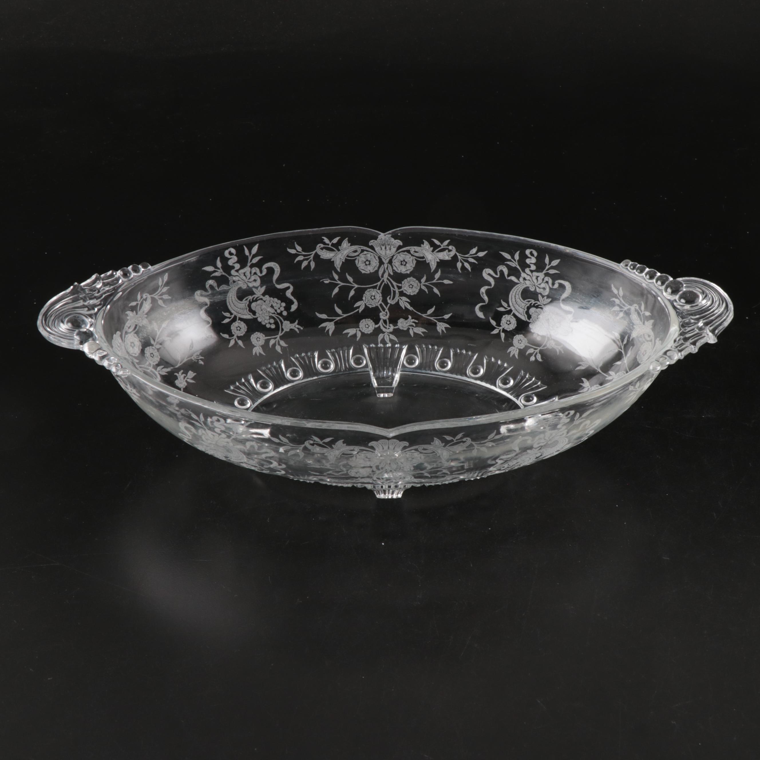 Etched Glass Coupes, Juice Glasses, Shakers, Serving Bowl, and More Tableware