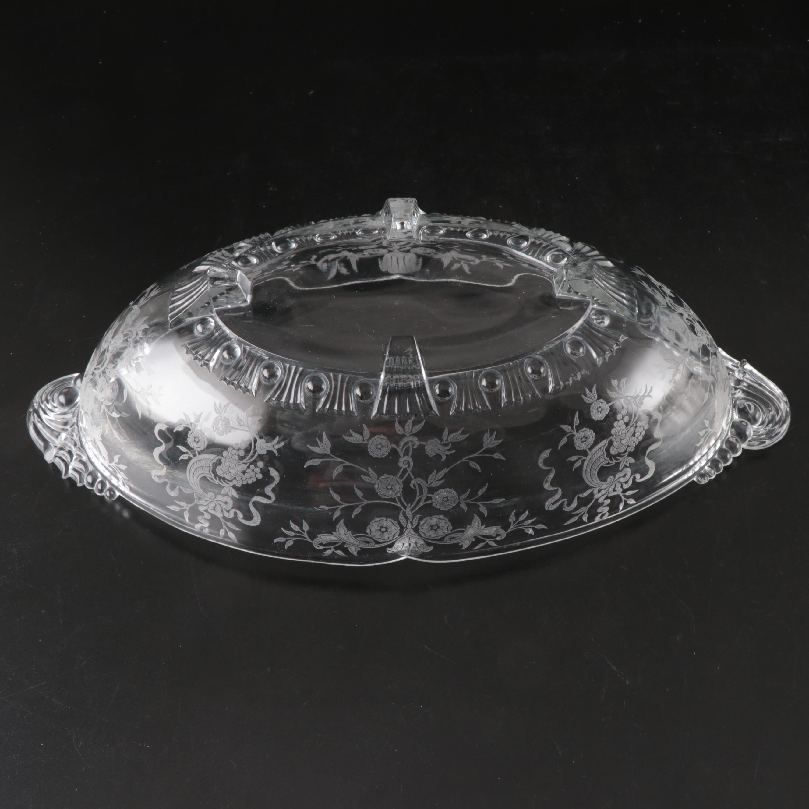 Etched Glass Coupes, Juice Glasses, Shakers, Serving Bowl, and More Tableware