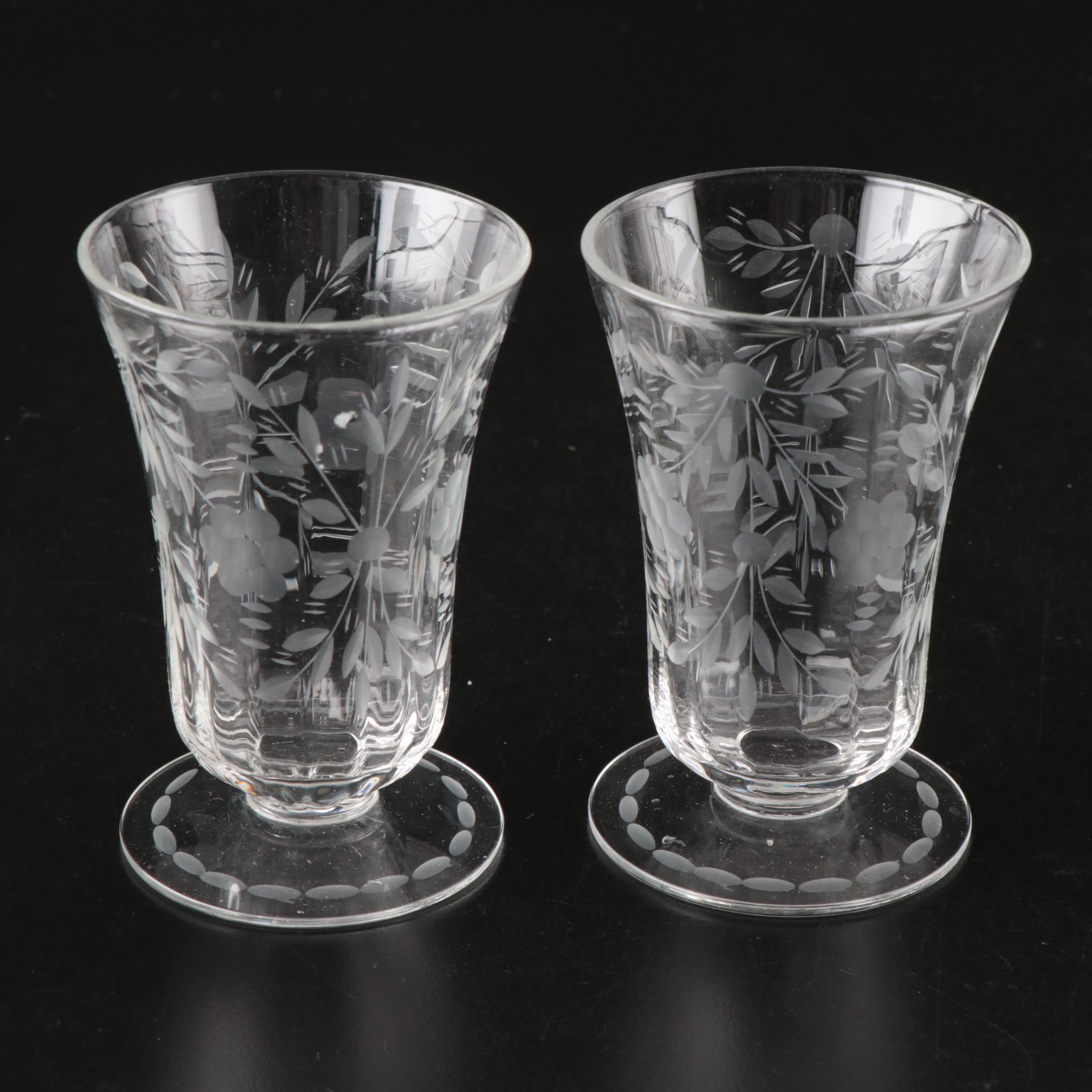 Etched Glass Coupes, Juice Glasses, Shakers, Serving Bowl, and More Tableware