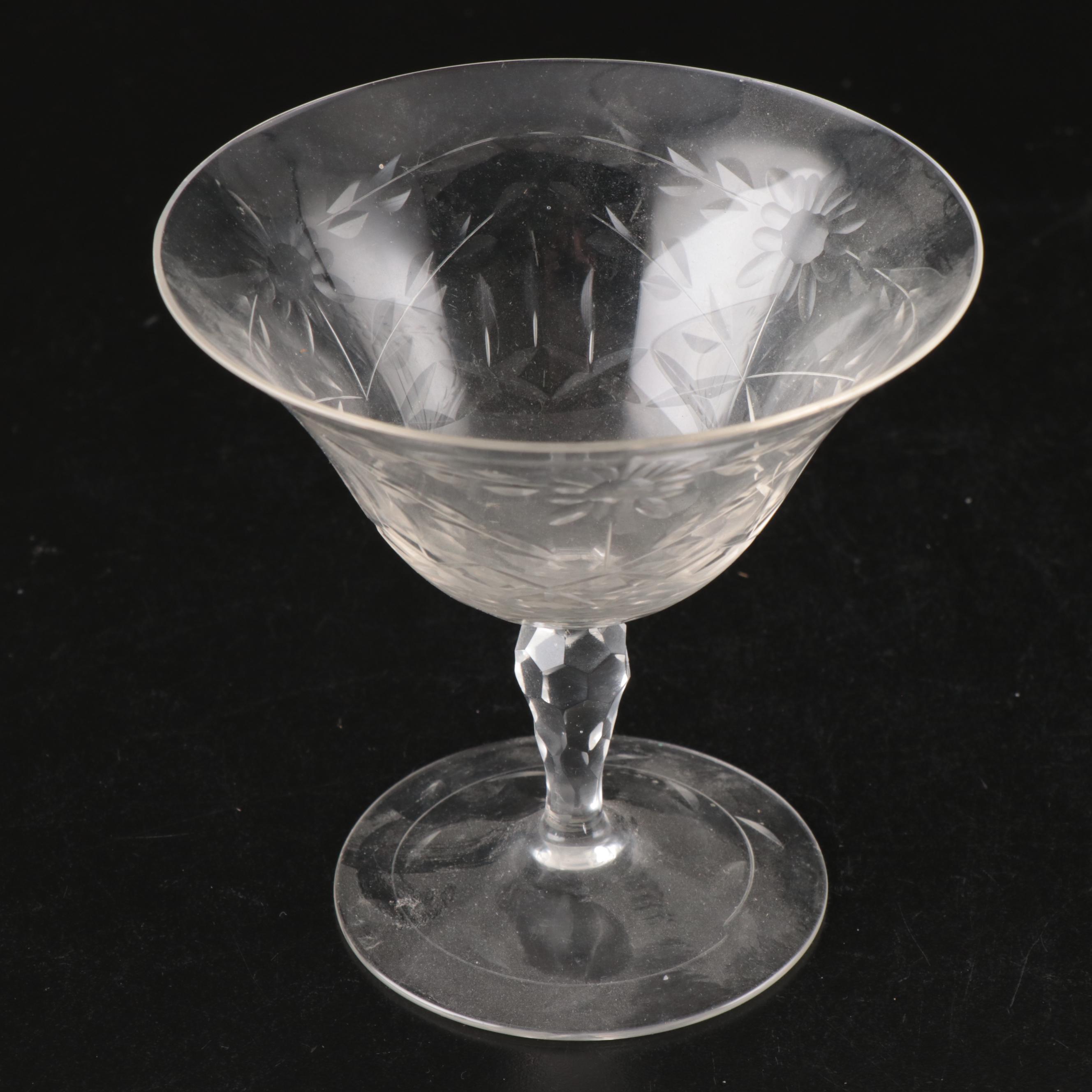 Etched Glass Coupes, Juice Glasses, Shakers, Serving Bowl, and More Tableware