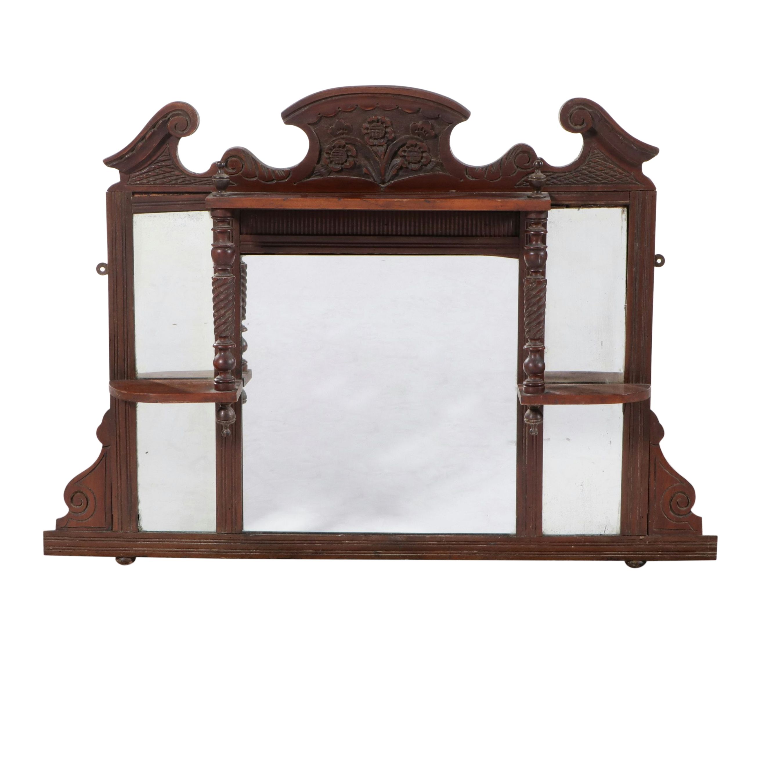 Arts & Crafts Style Carved Wood Overmantel Mirror with Candle Shelves