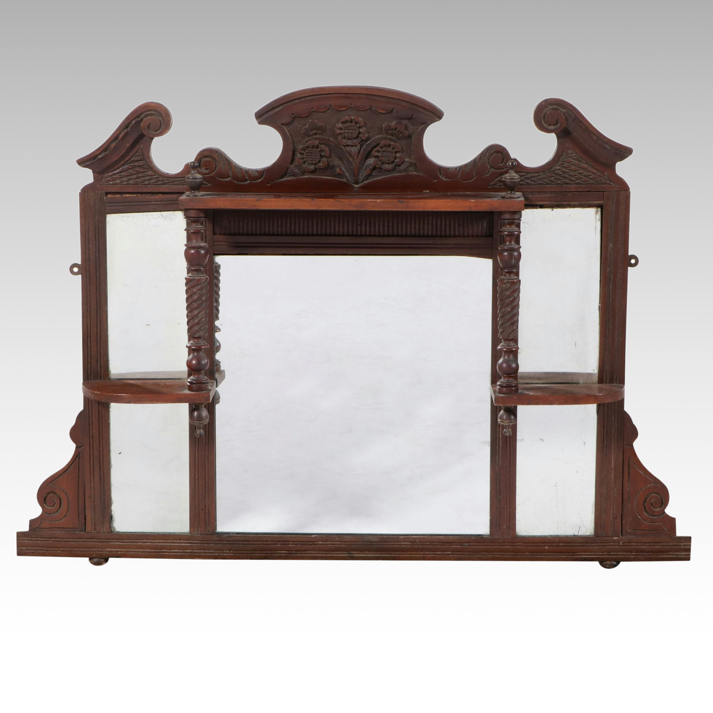Arts & Crafts Style Carved Wood Overmantel Mirror with Candle Shelves
