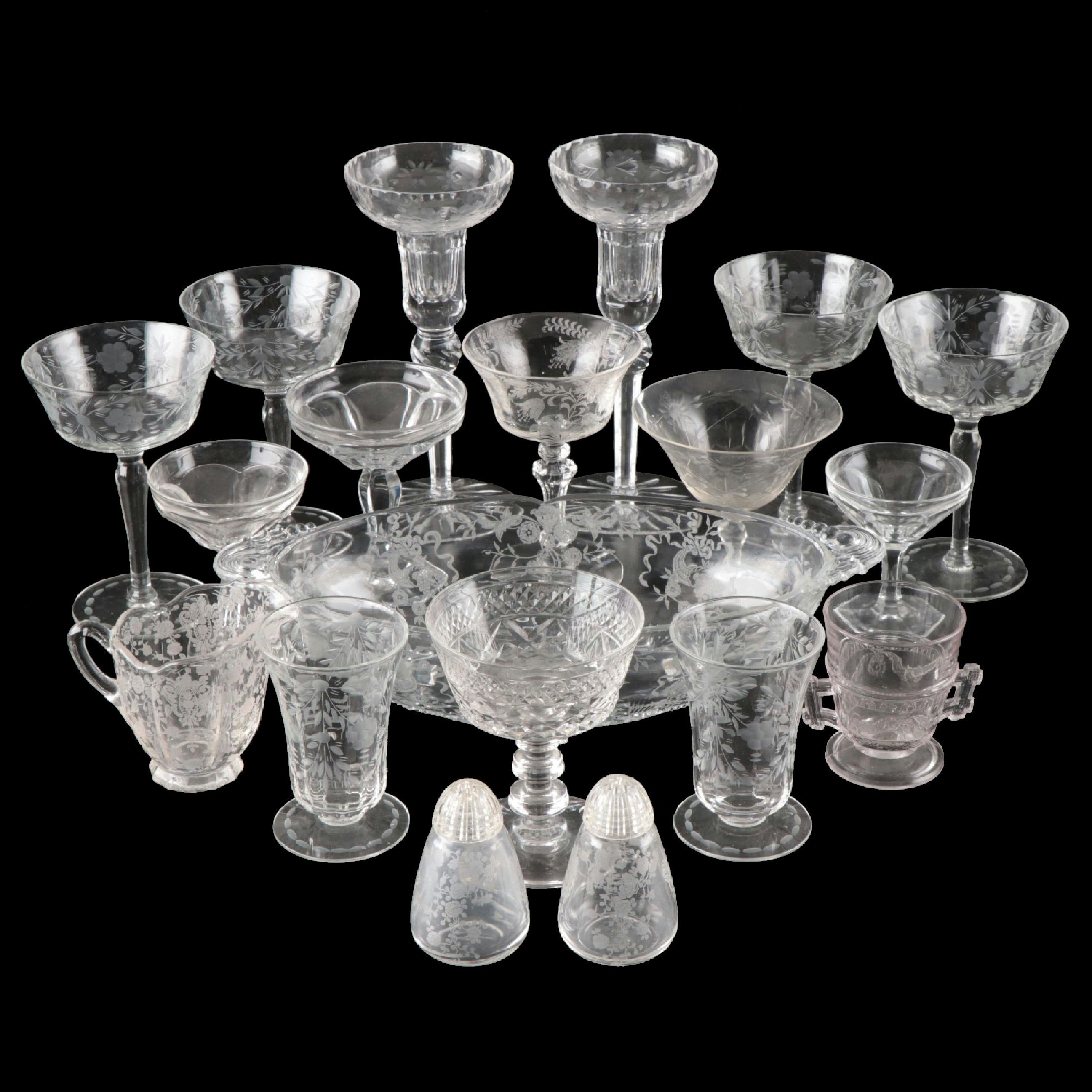 Etched Glass Coupes, Juice Glasses, Shakers, Serving Bowl, and More Tableware