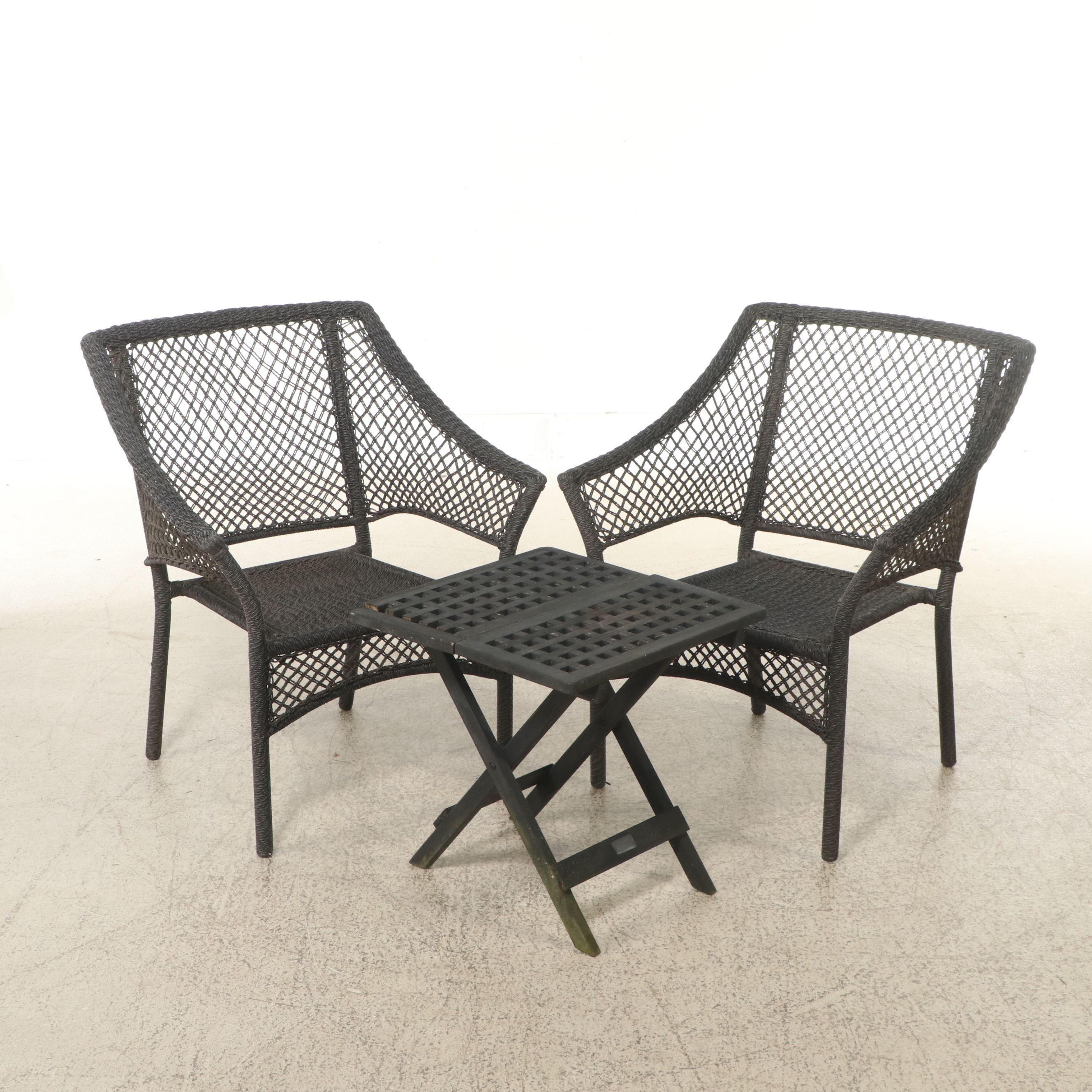 Pair of PE Rattan Wicker Armchairs with Black Stained Wood Accent Table