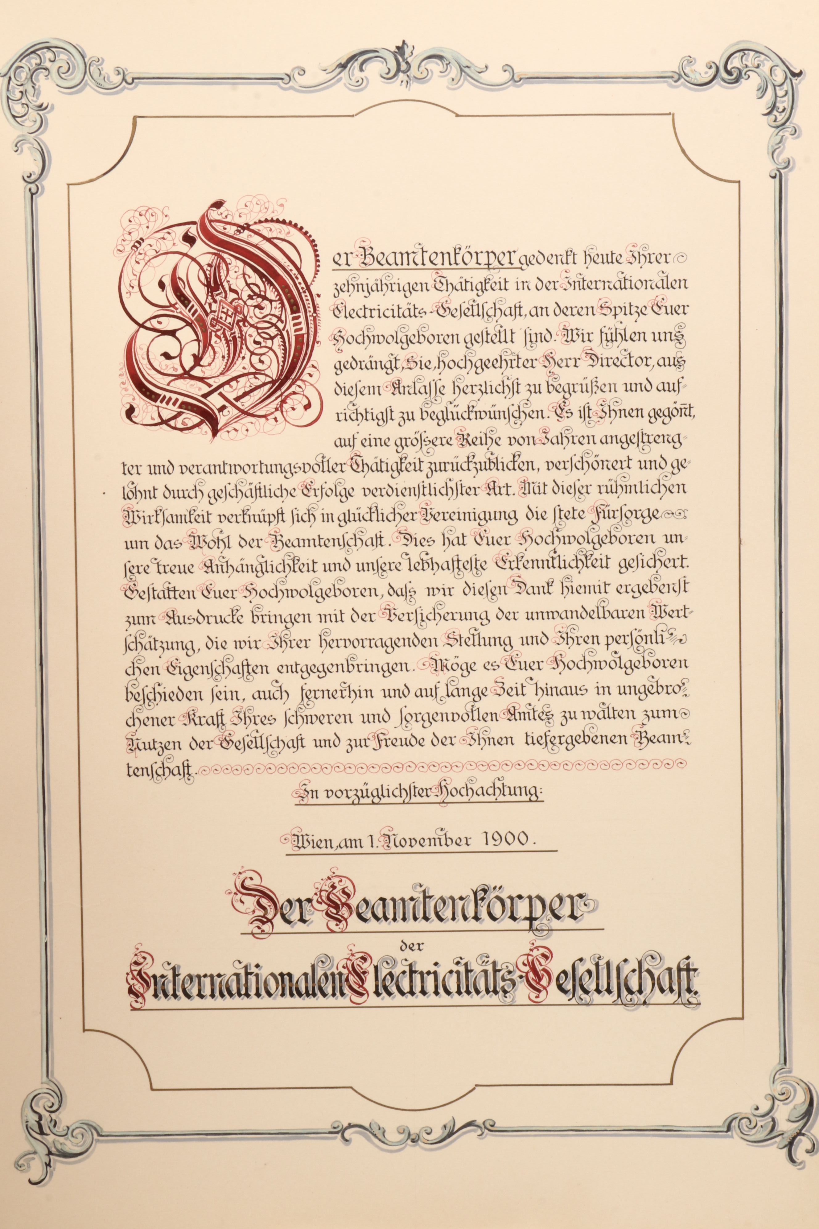 Internationalen Elektrizitätsgesellschaft Testimonial to Gotthold Stern, 1900